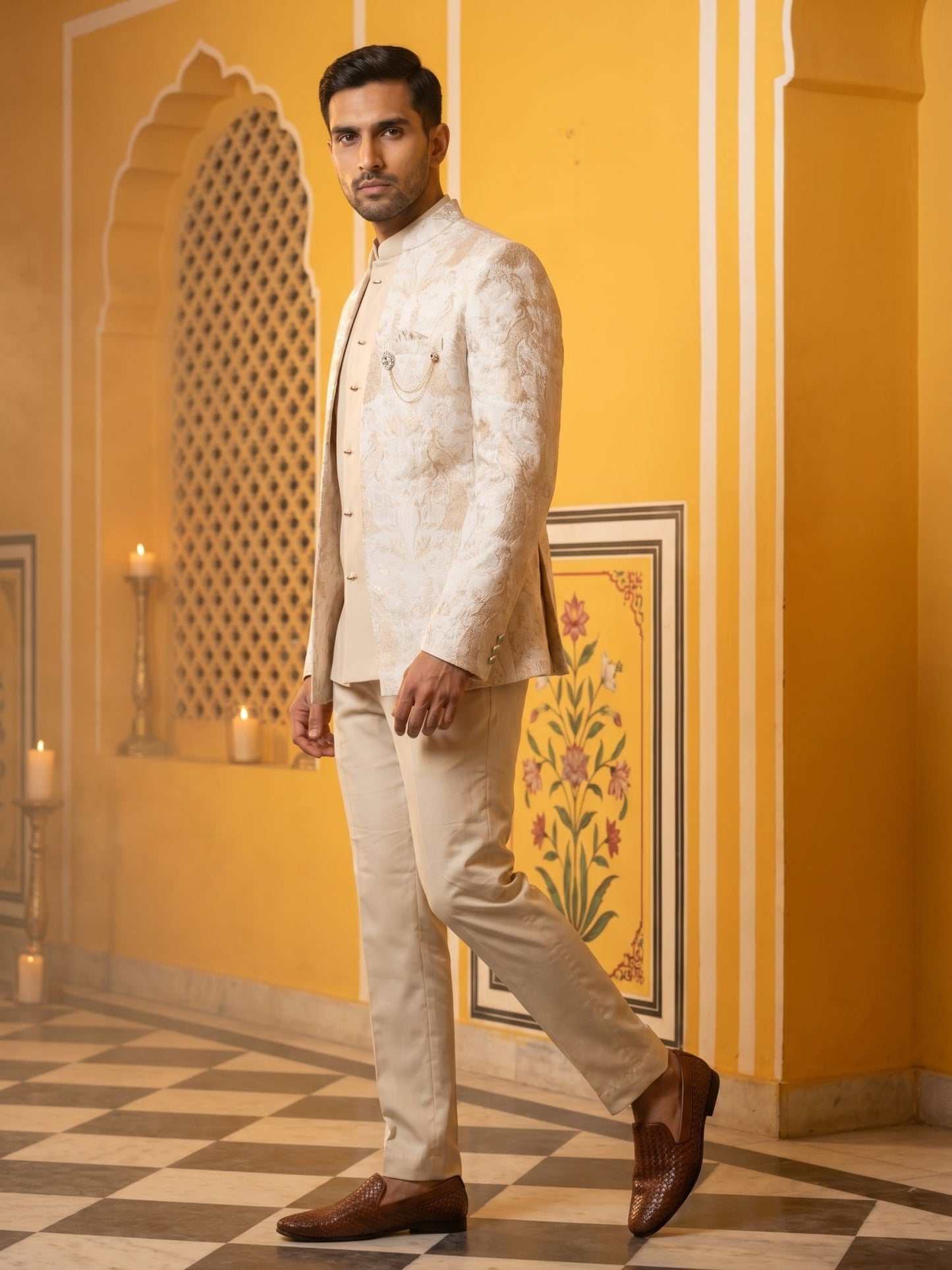 Men's Stylish Jacquard Indo-Western Set ( 50JIND 184Golden )