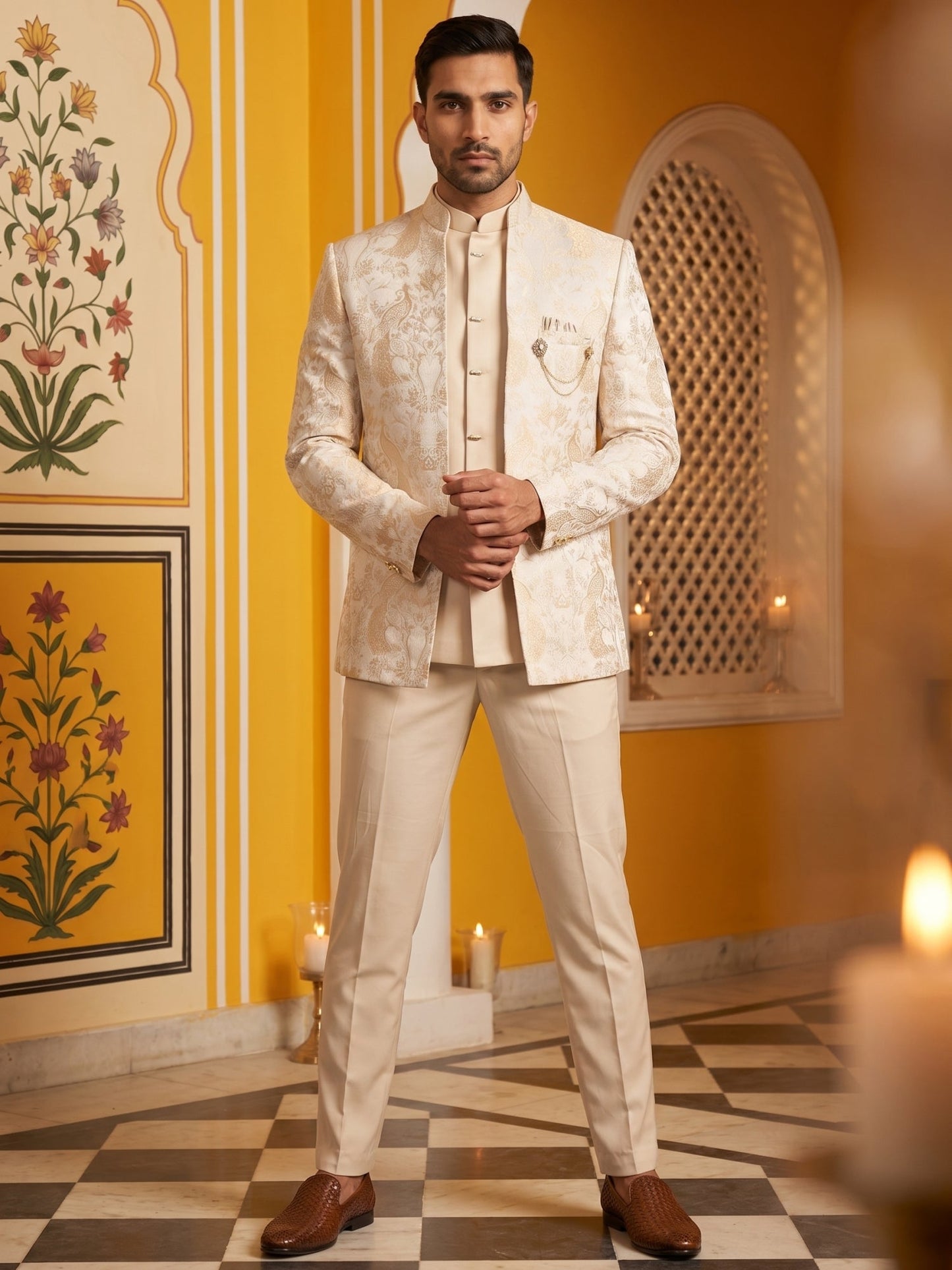 Men's Stylish Jacquard Indo-Western Set ( 50JIND 184Golden )