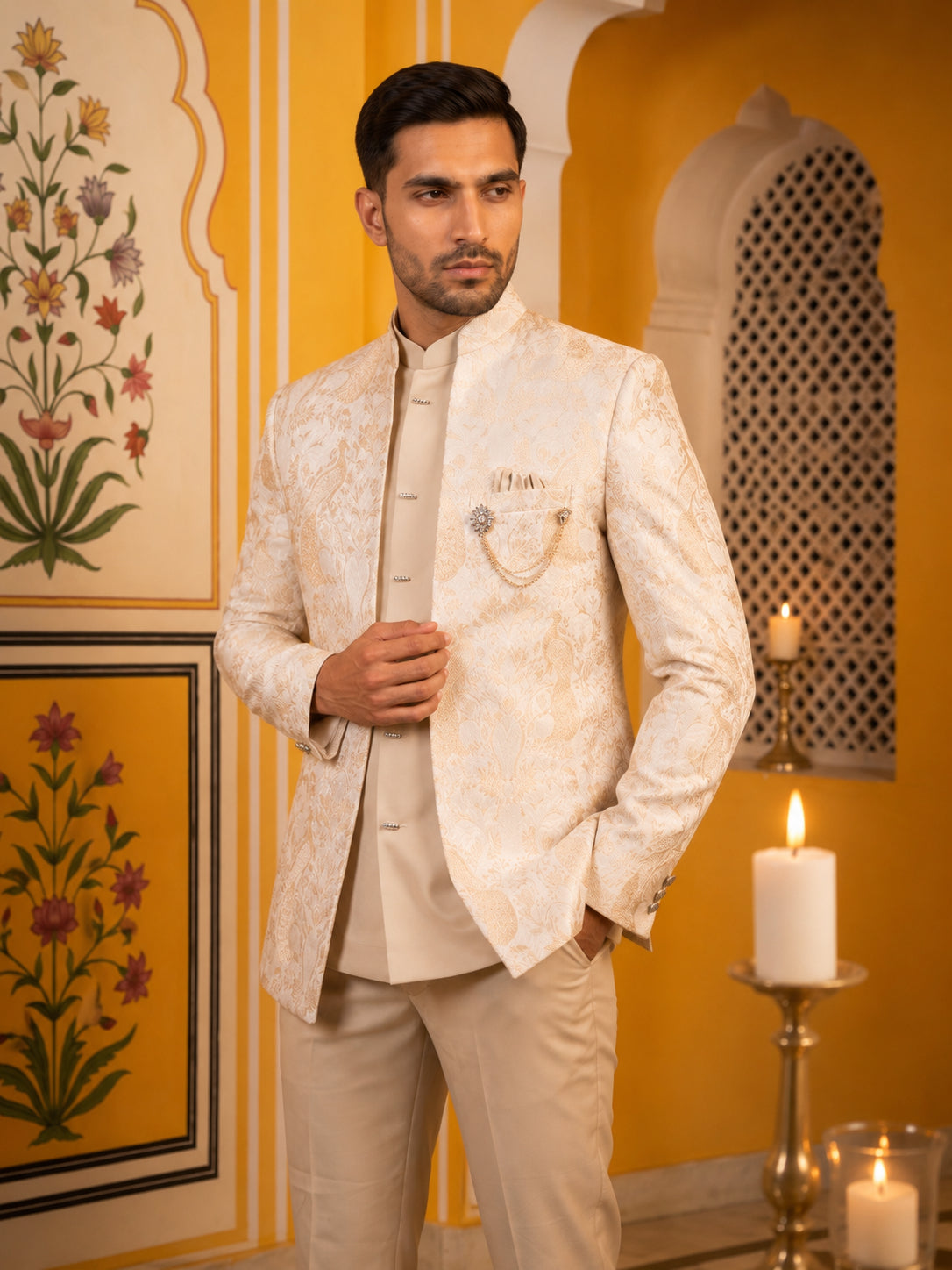 Men's Stylish Jacquard Indo-Western Set ( 50JIND 184Golden )