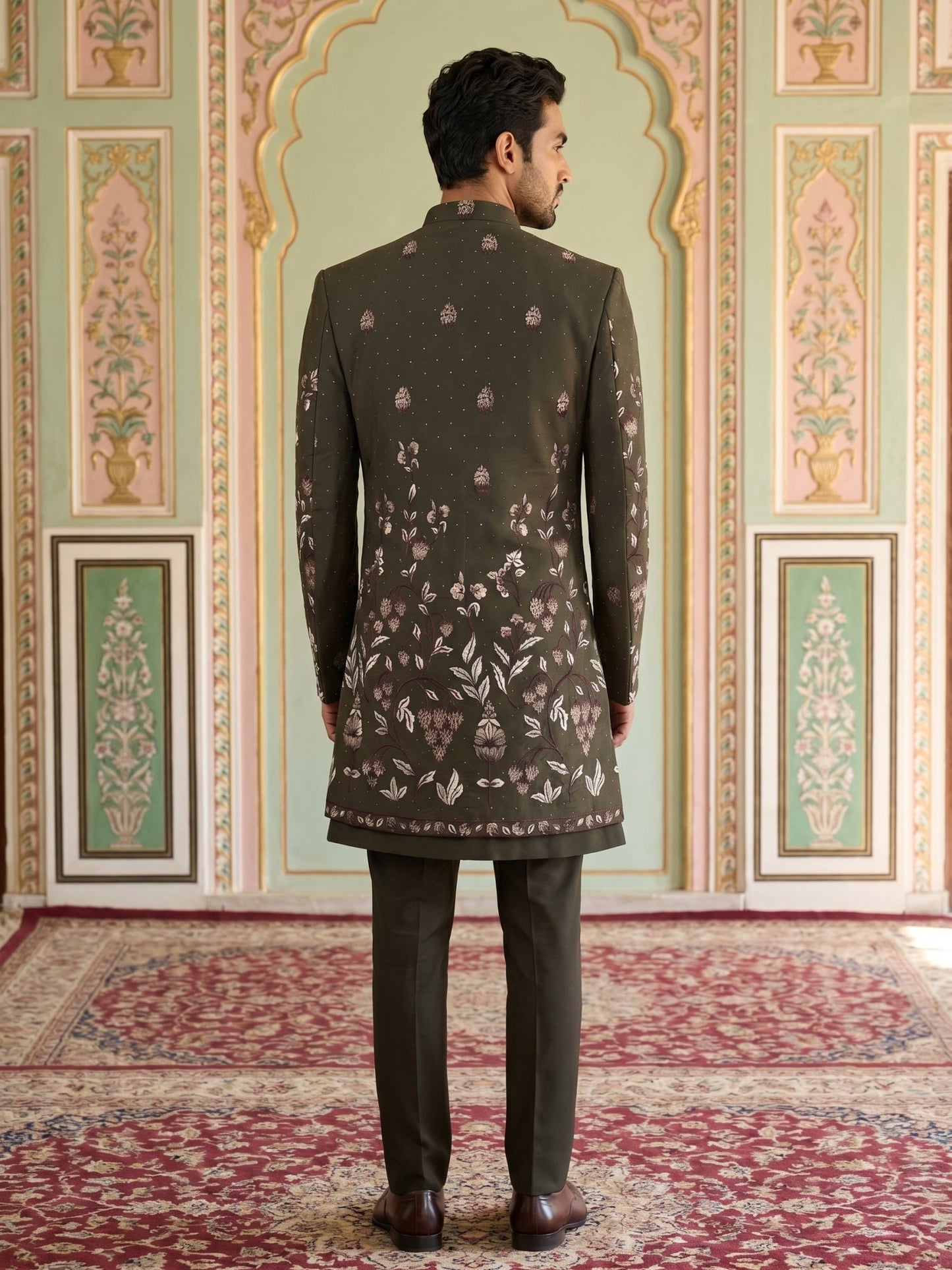 Men's Premium Japanese Fabric Indo-Western Set ( 50JIND 185Mehndi )