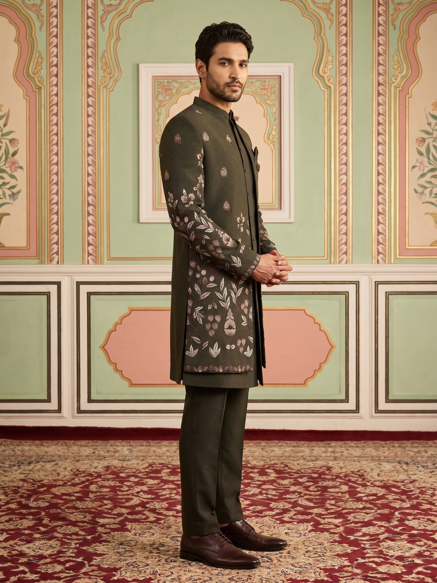 Men's Premium Japanese Fabric Indo-Western Set ( 50JIND 185Mehndi )