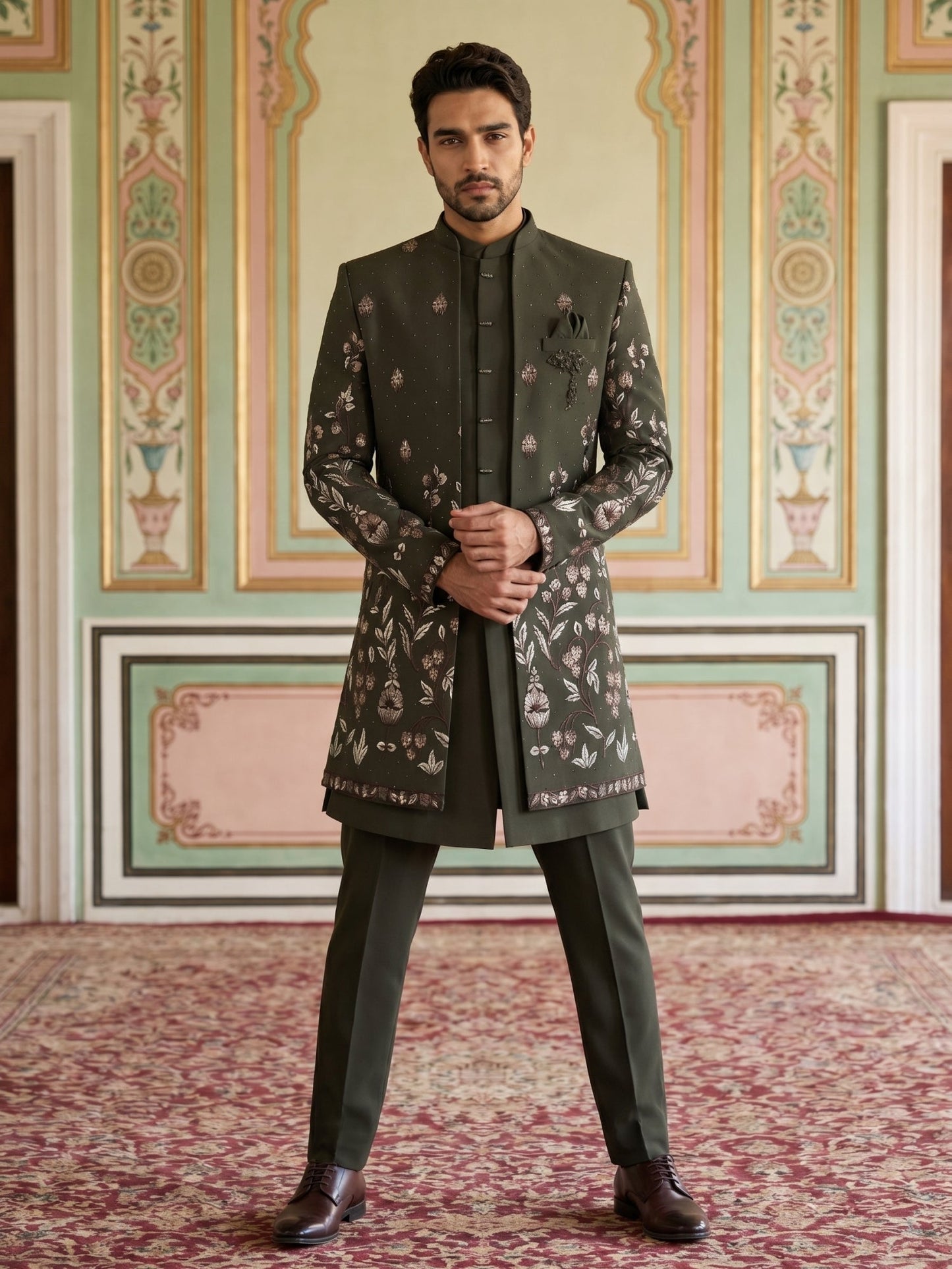 Men's Premium Japanese Fabric Indo-Western Set ( 50JIND 185Mehndi )