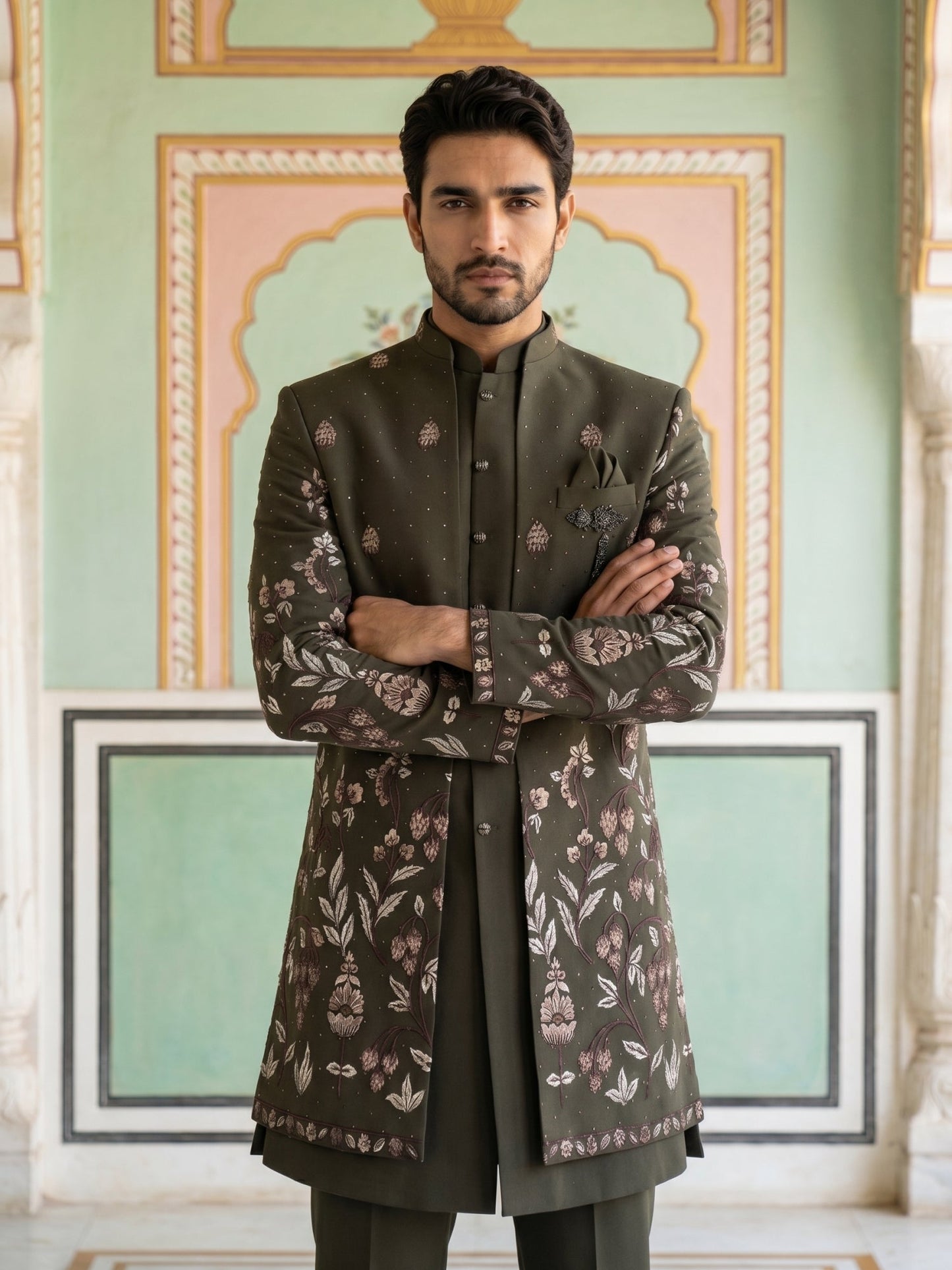 Men's Premium Japanese Fabric Indo-Western Set ( 50JIND 185Mehndi )