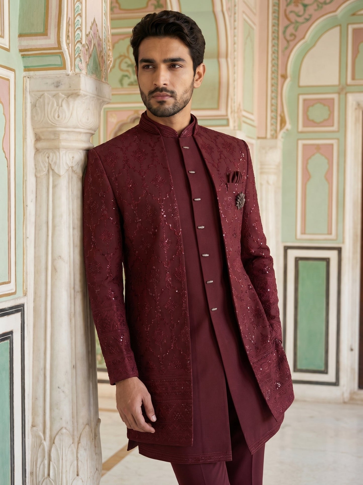 Men's Imported Japanese Fabric Indo-Western Set ( 50JIND 186Maroon )