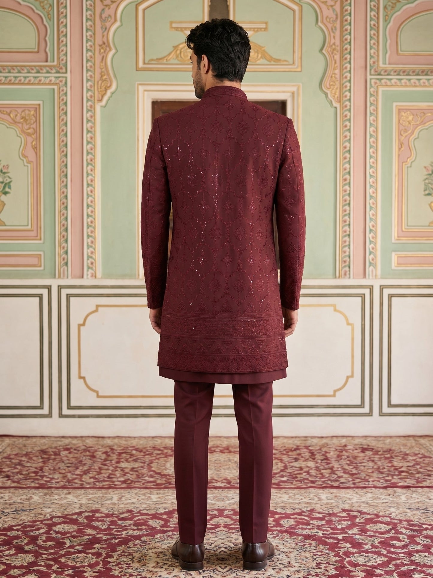 Men's Imported Japanese Fabric Indo-Western Set ( 50JIND 186Maroon )