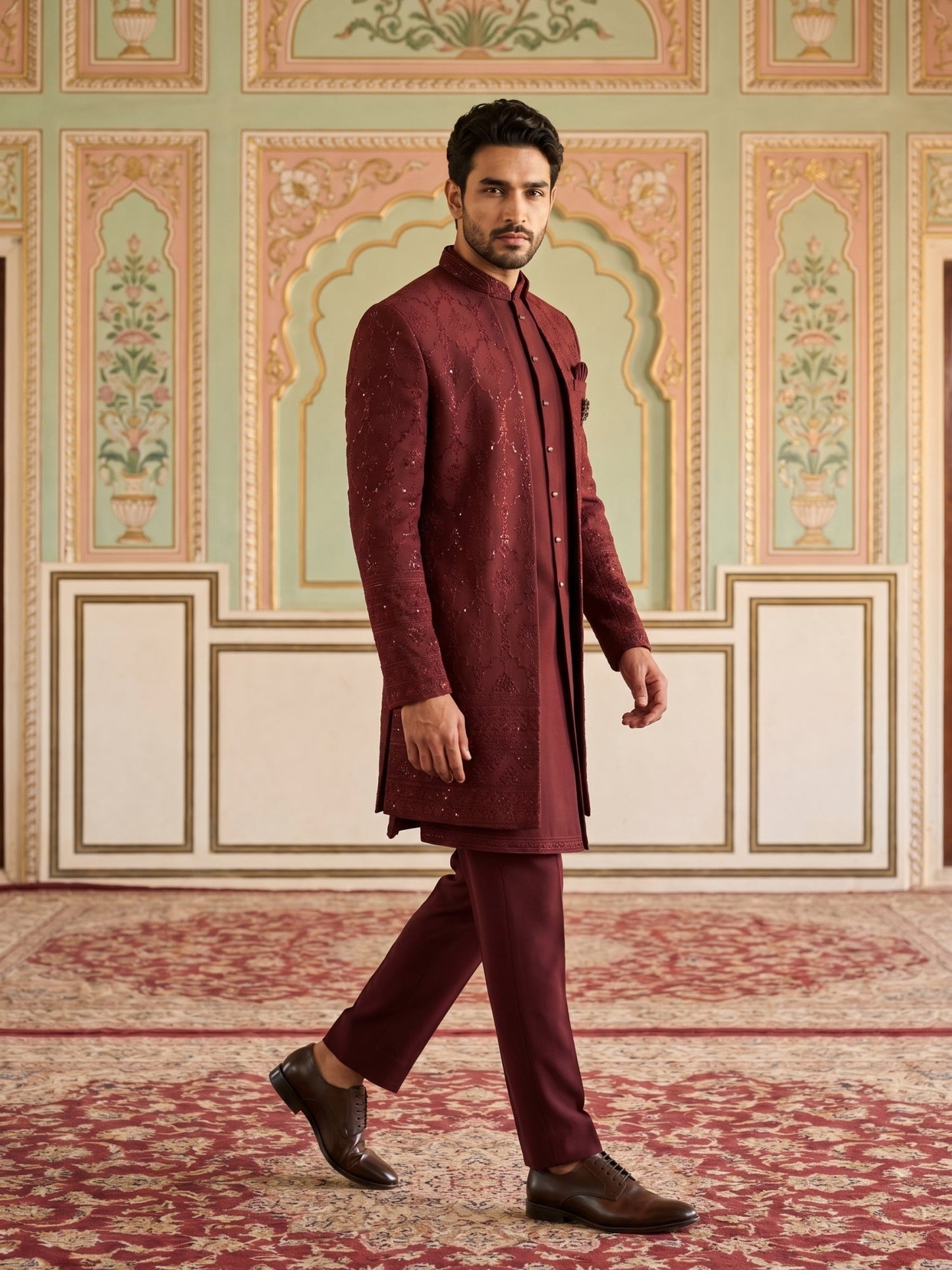 Men's Imported Japanese Fabric Indo-Western Set ( 50JIND 186Maroon )