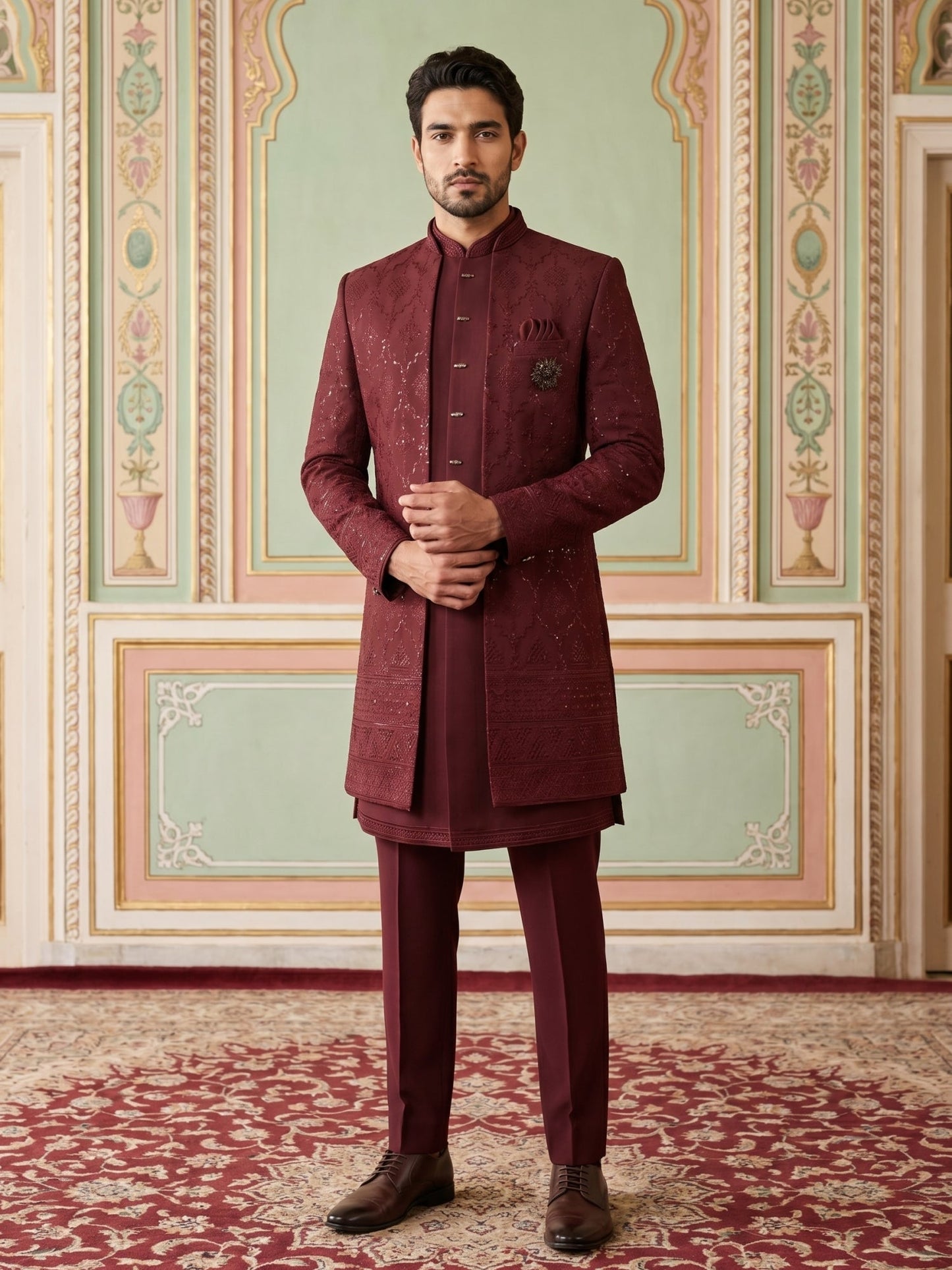 Men's Imported Japanese Fabric Indo-Western Set ( 50JIND 186Maroon )