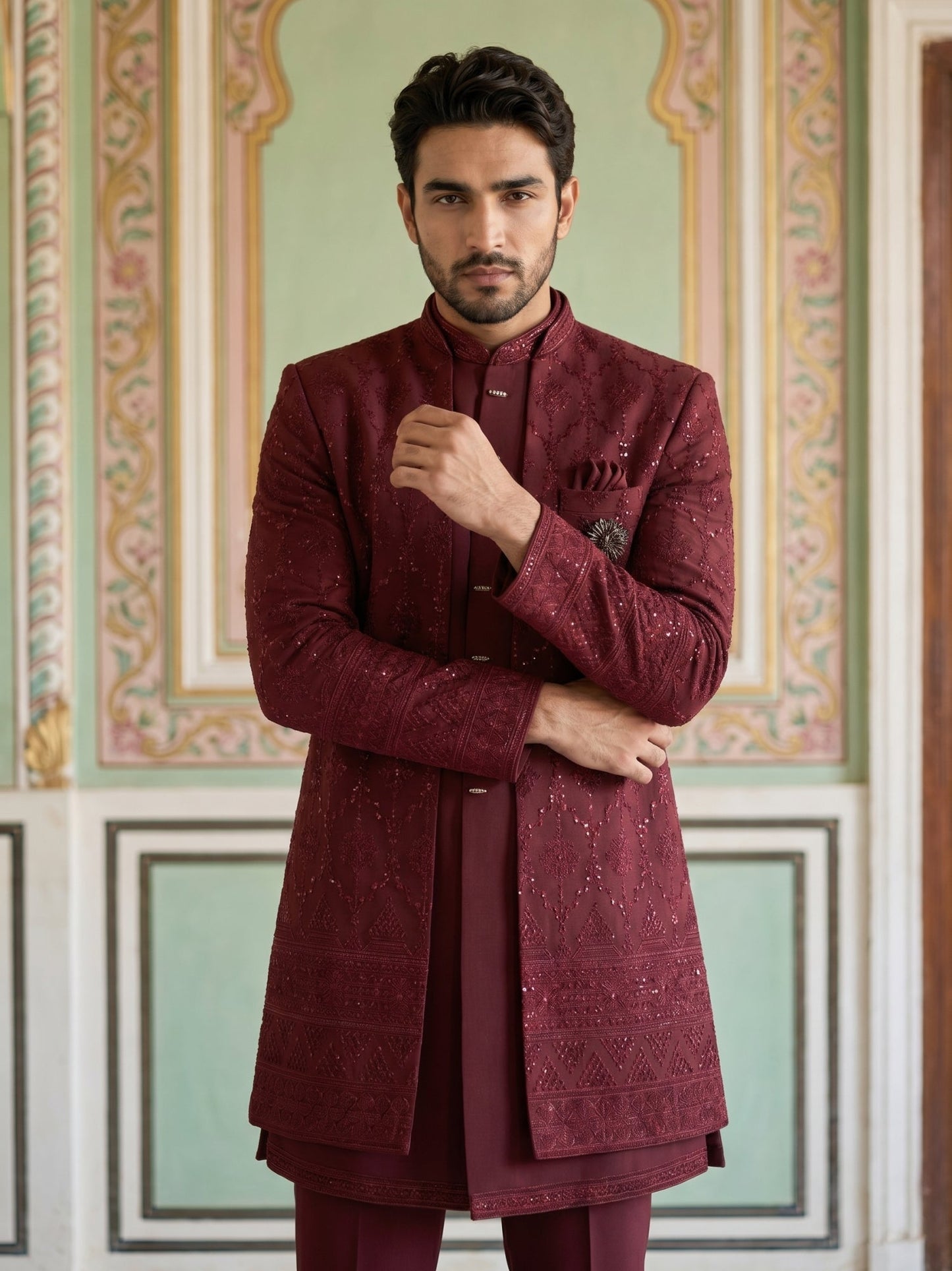 Men's Imported Japanese Fabric Indo-Western Set ( 50JIND 186Maroon )