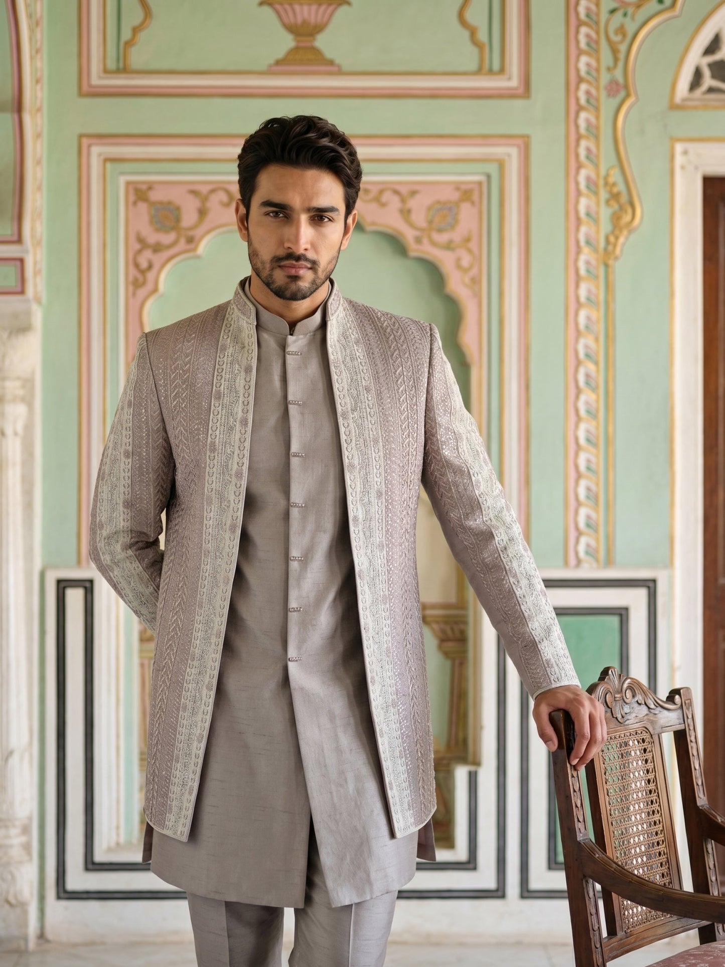 Men Silk Blend Embroidered Indo-Western Set ( 50JIND 187Peach )