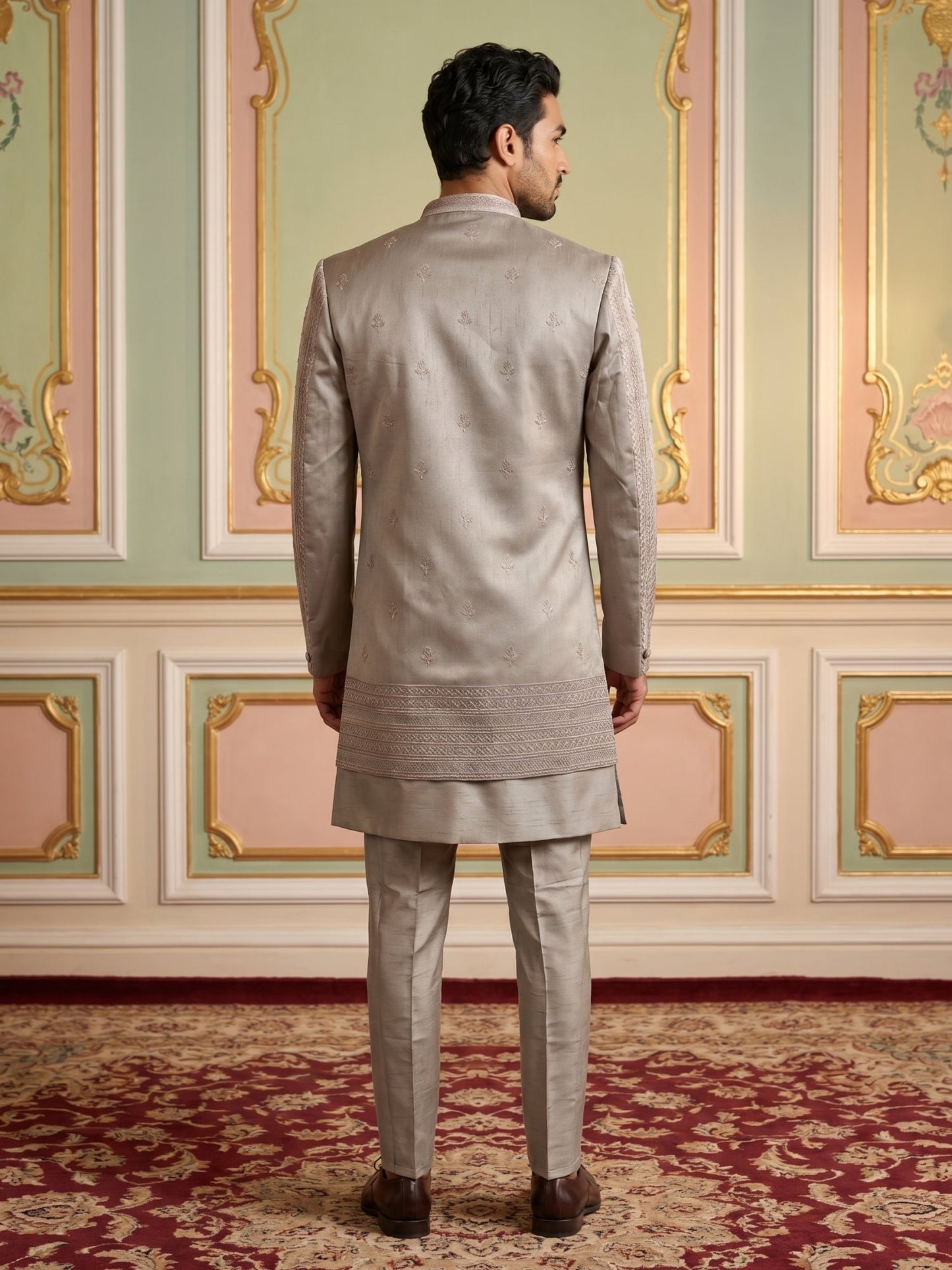 Men Silk Blend Embroidered Indo-Western Set ( 50JIND 187Peach )