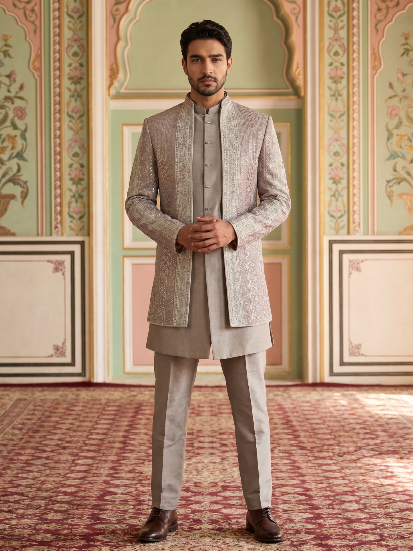 Men Silk Blend Embroidered Indo-Western Set ( 50JIND 187Peach )