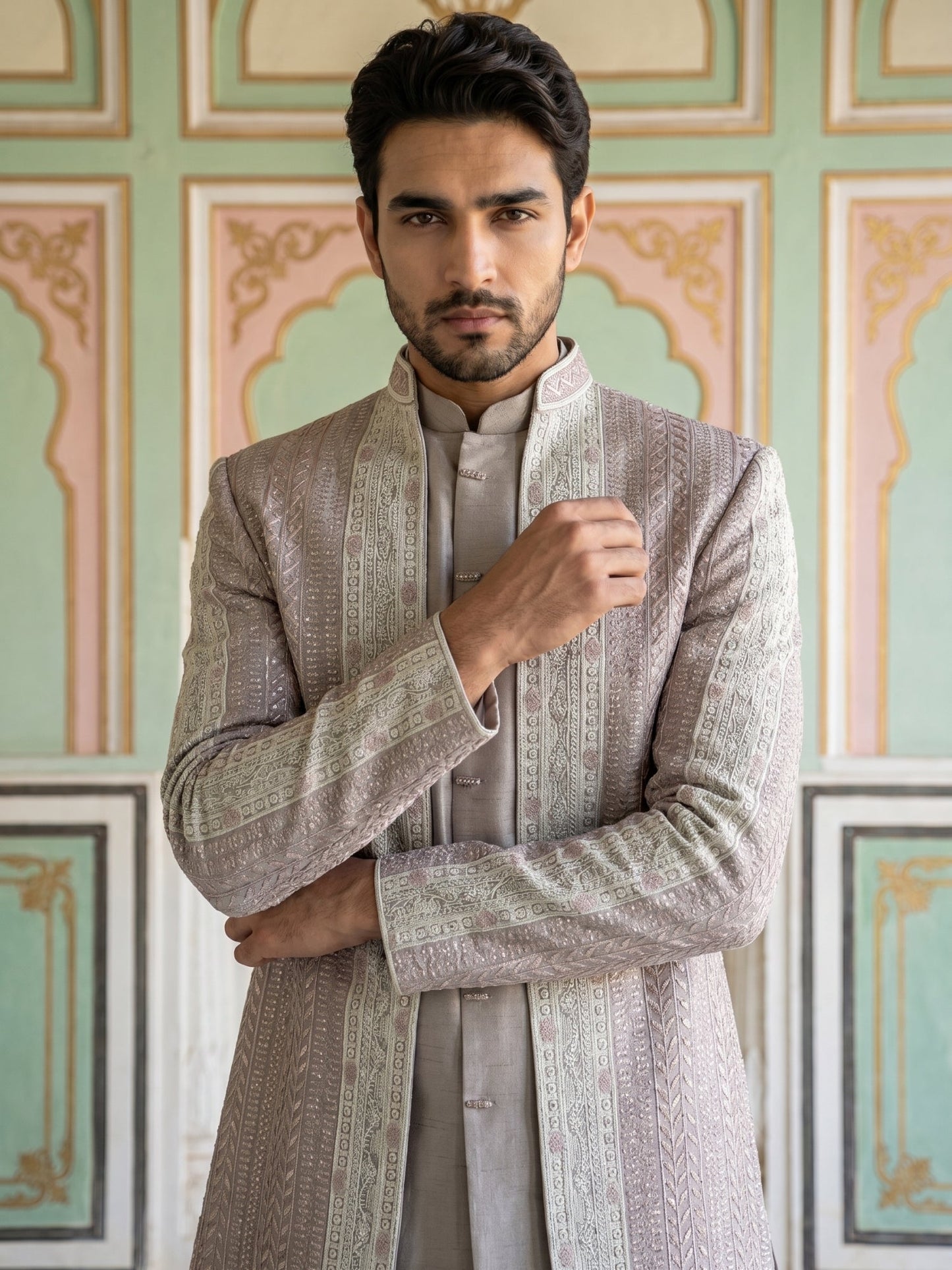 Men Silk Blend Embroidered Indo-Western Set ( 50JIND 187Peach )