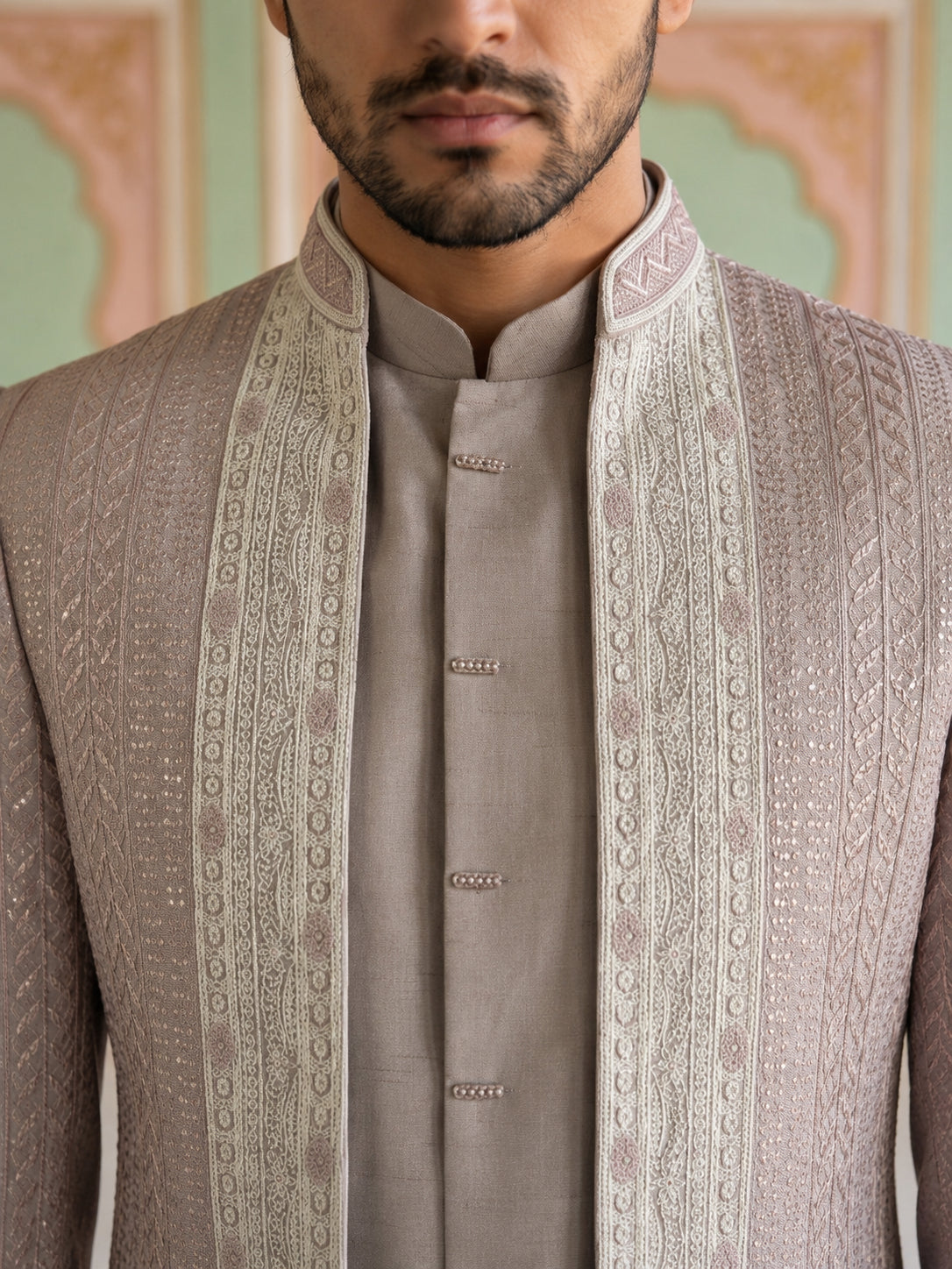 Men Silk Blend Embroidered Indo-Western Set ( 50JIND 187Peach )
