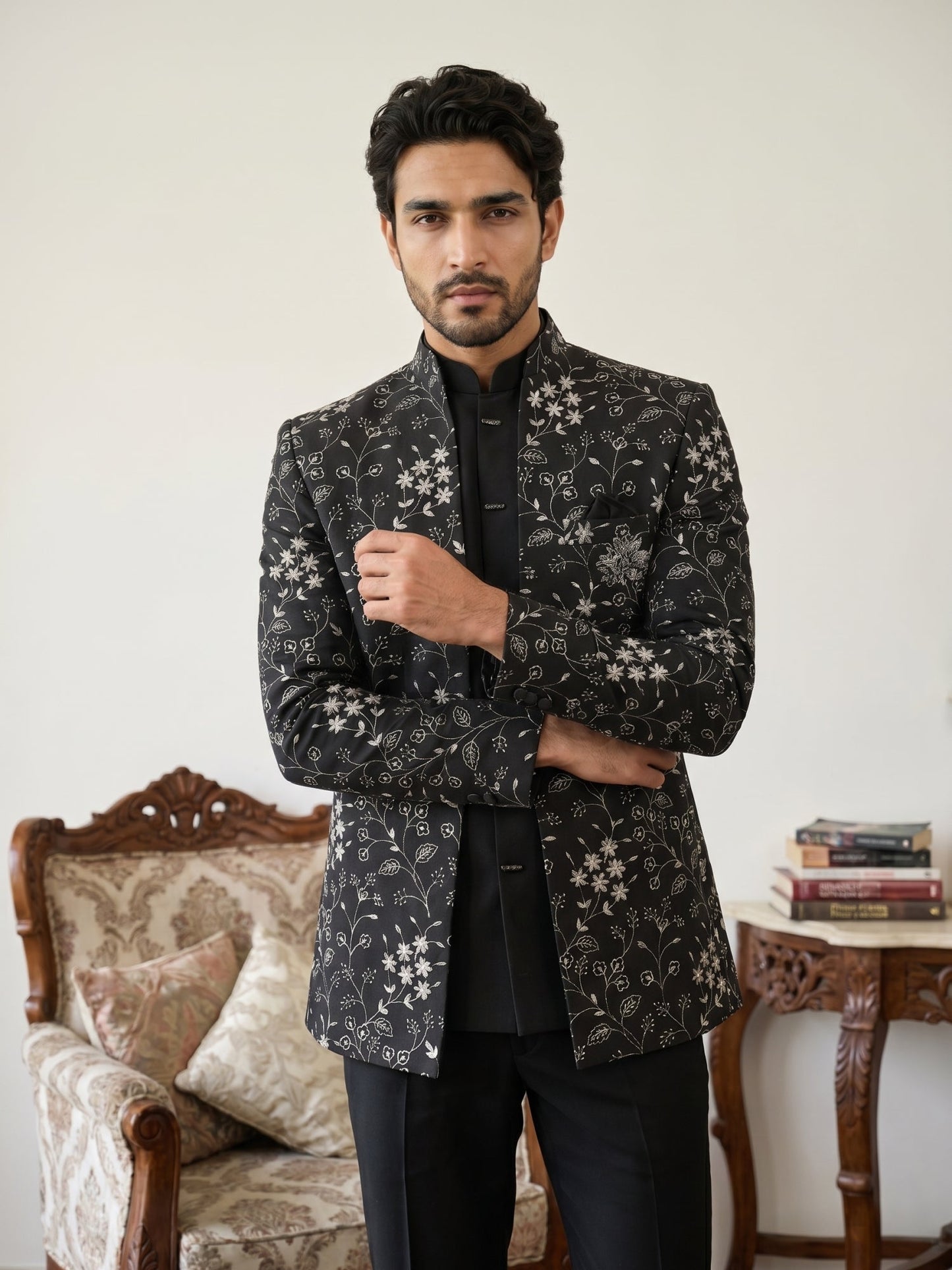 Imported Japanese Embroidered Indo-Western Set ( 50JIND 188Black )