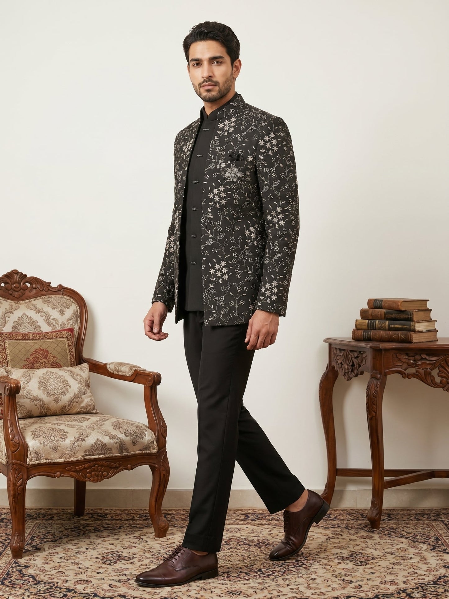 Imported Japanese Embroidered Indo-Western Set ( 50JIND 188Black )