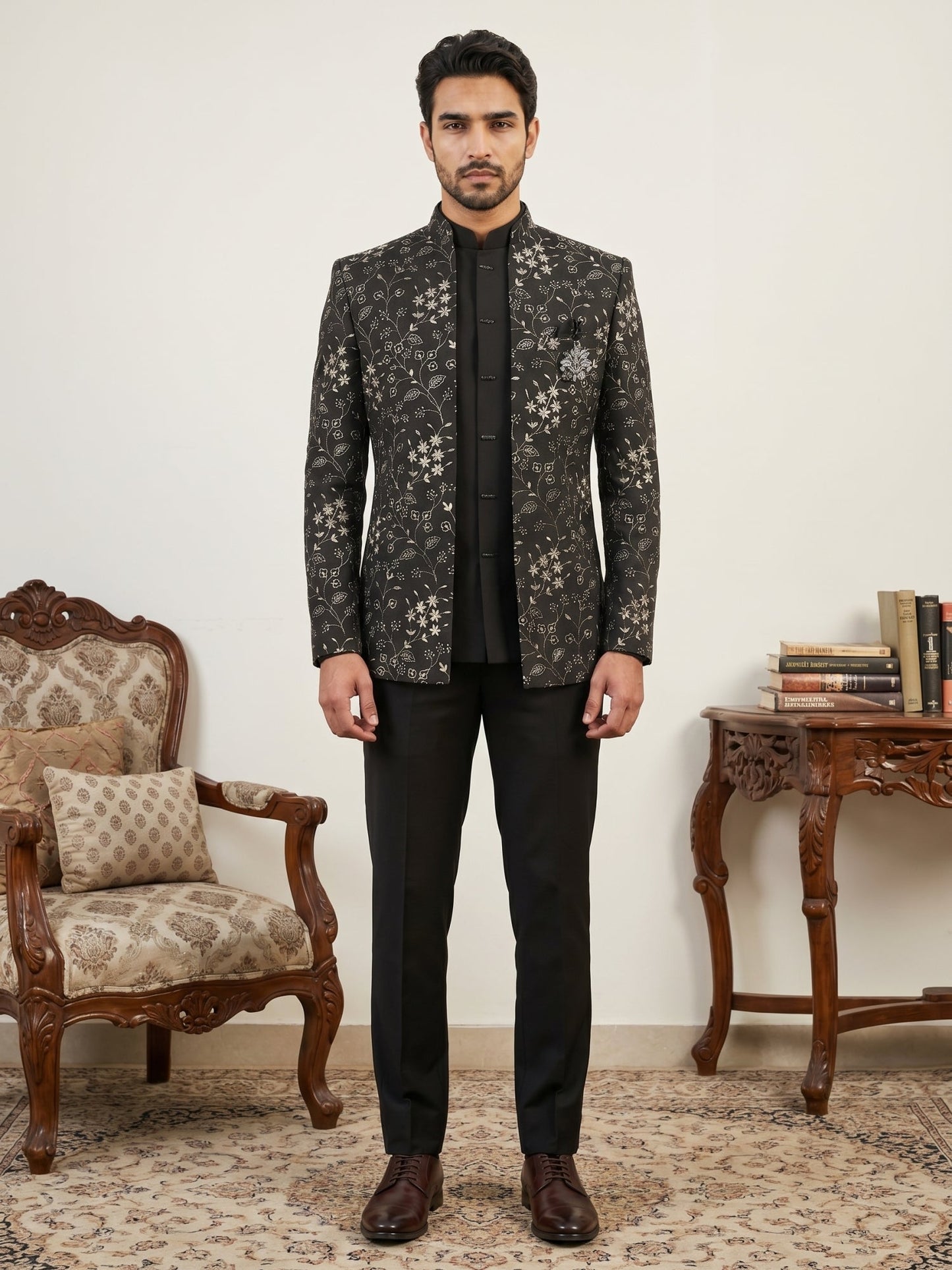 Imported Japanese Embroidered Indo-Western Set ( 50JIND 188Black )