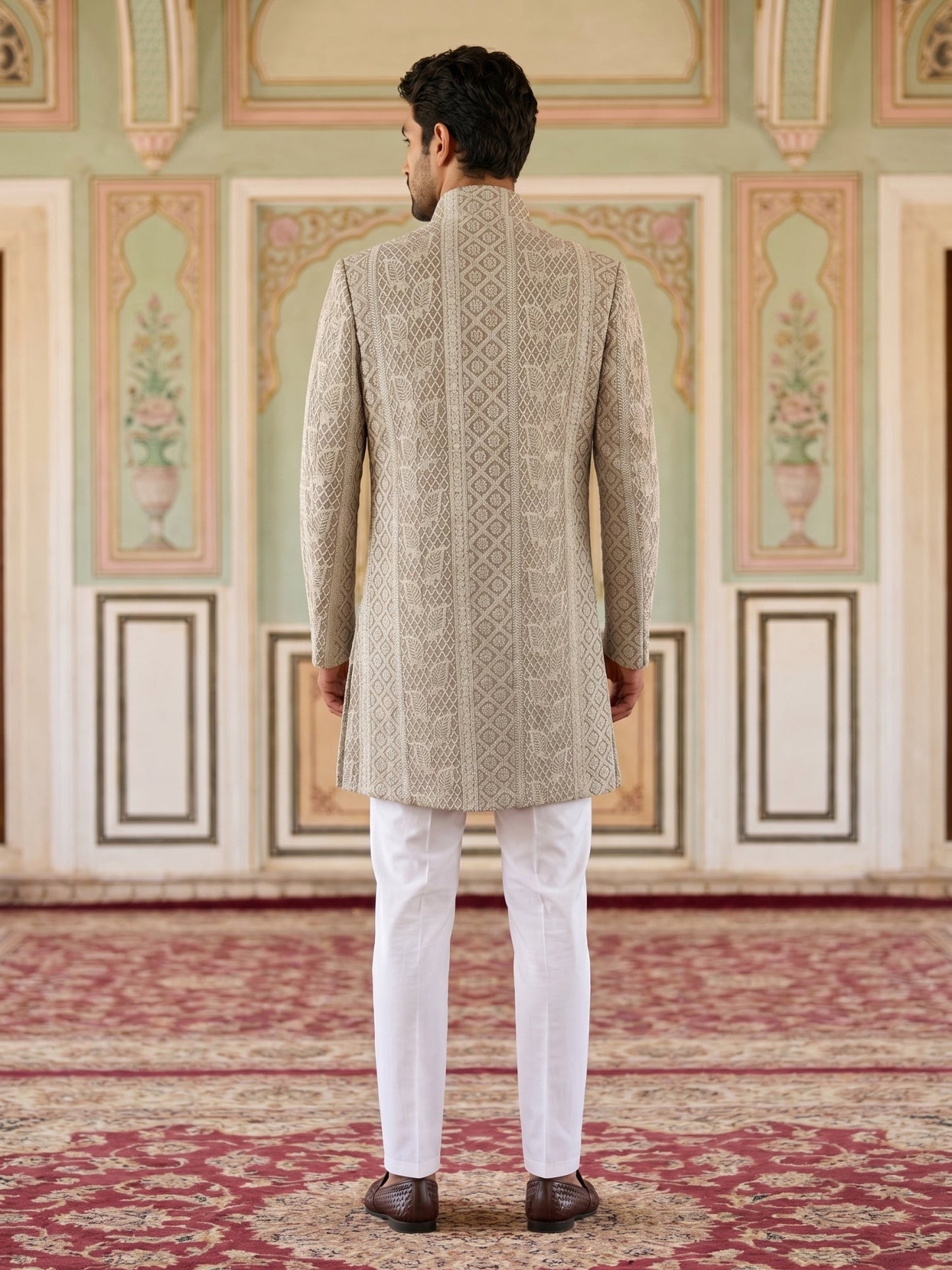 Men Silk Blend Embroidered Indo-Western Set ( 50JIND 189Beige )
