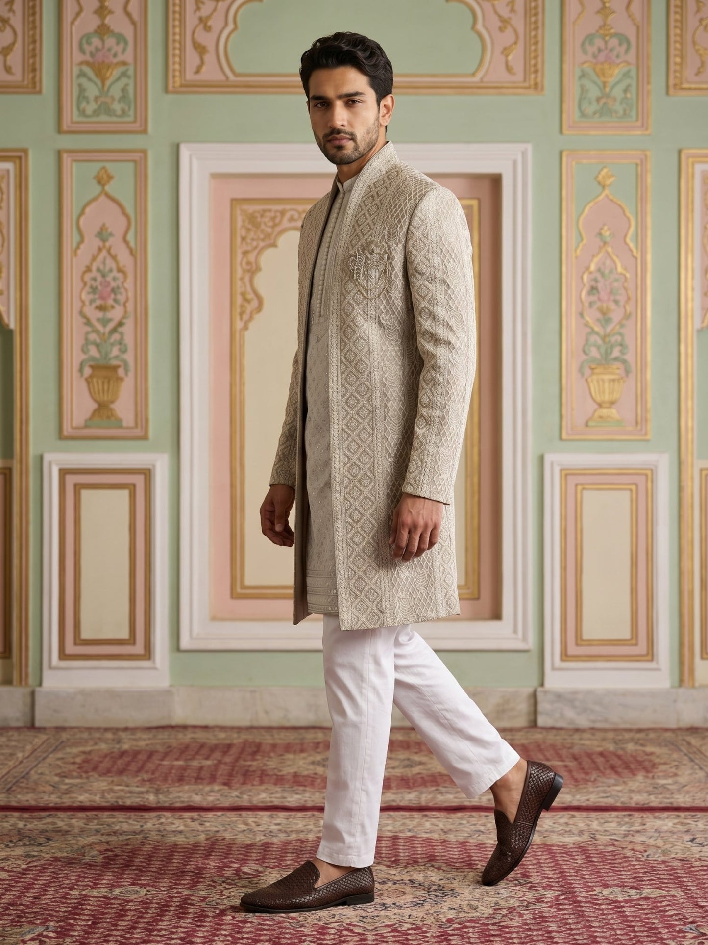 Men Silk Blend Embroidered Indo-Western Set ( 50JIND 189Beige )