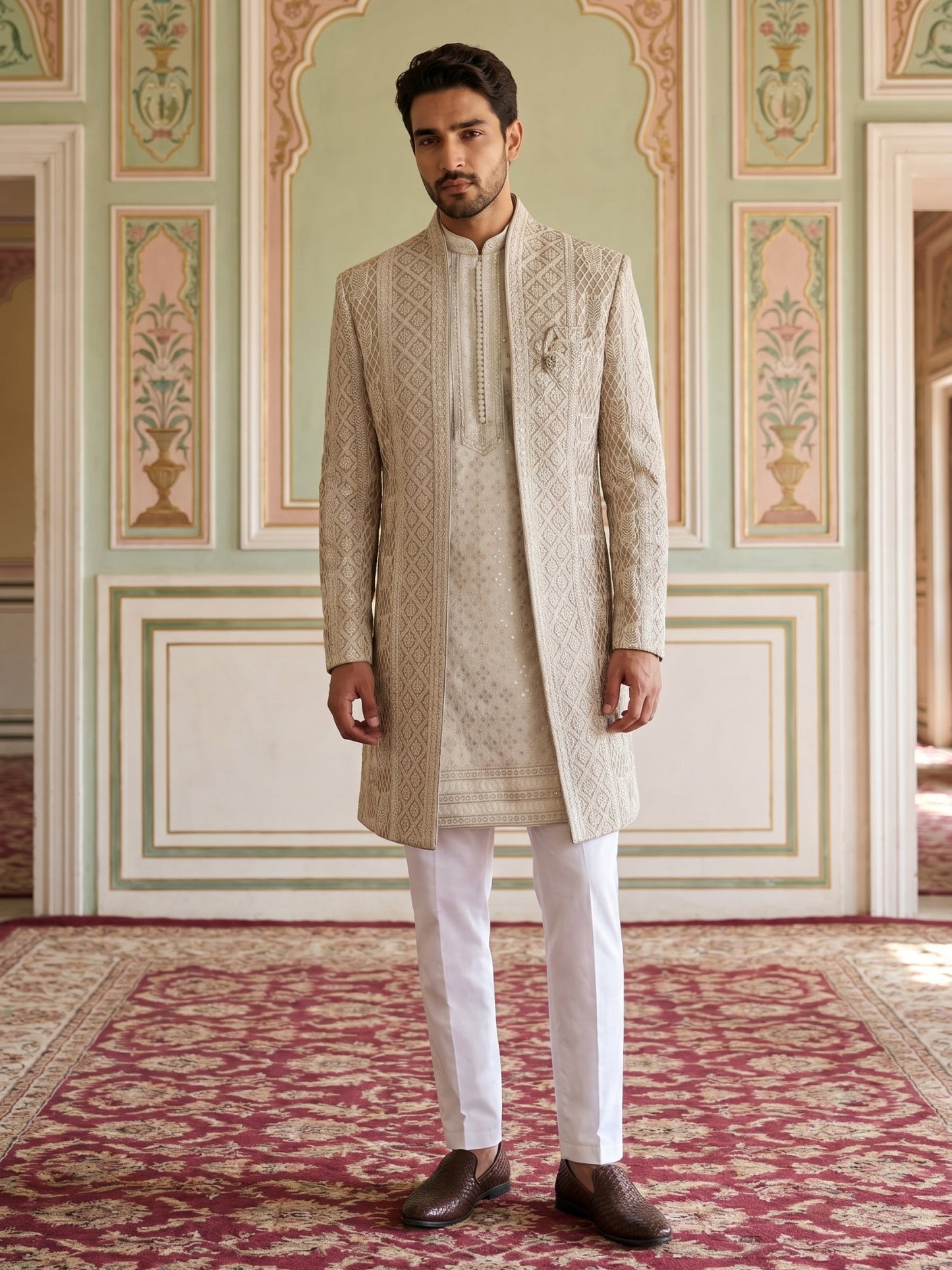 Men Silk Blend Embroidered Indo-Western Set ( 50JIND 189Beige )