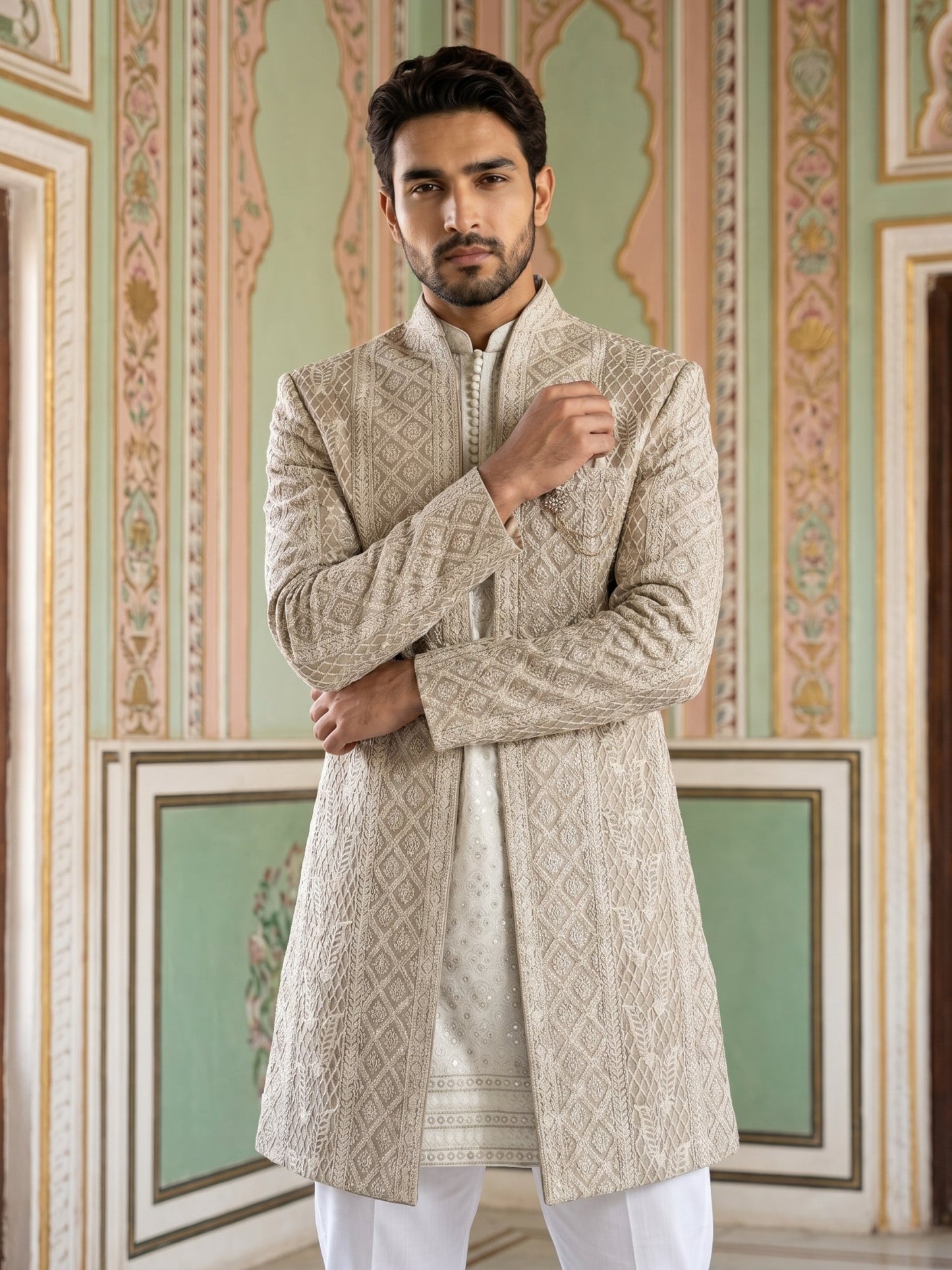 Men Silk Blend Embroidered Indo-Western Set ( 50JIND 189Beige )