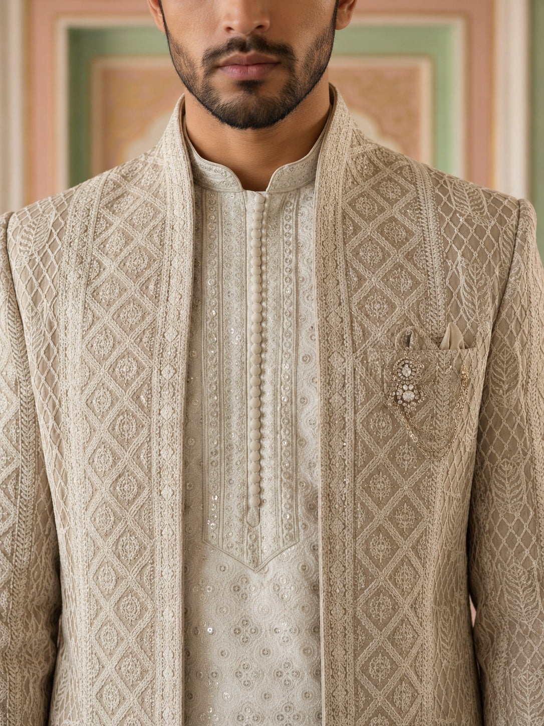 Men Silk Blend Embroidered Indo-Western Set ( 50JIND 189Beige )