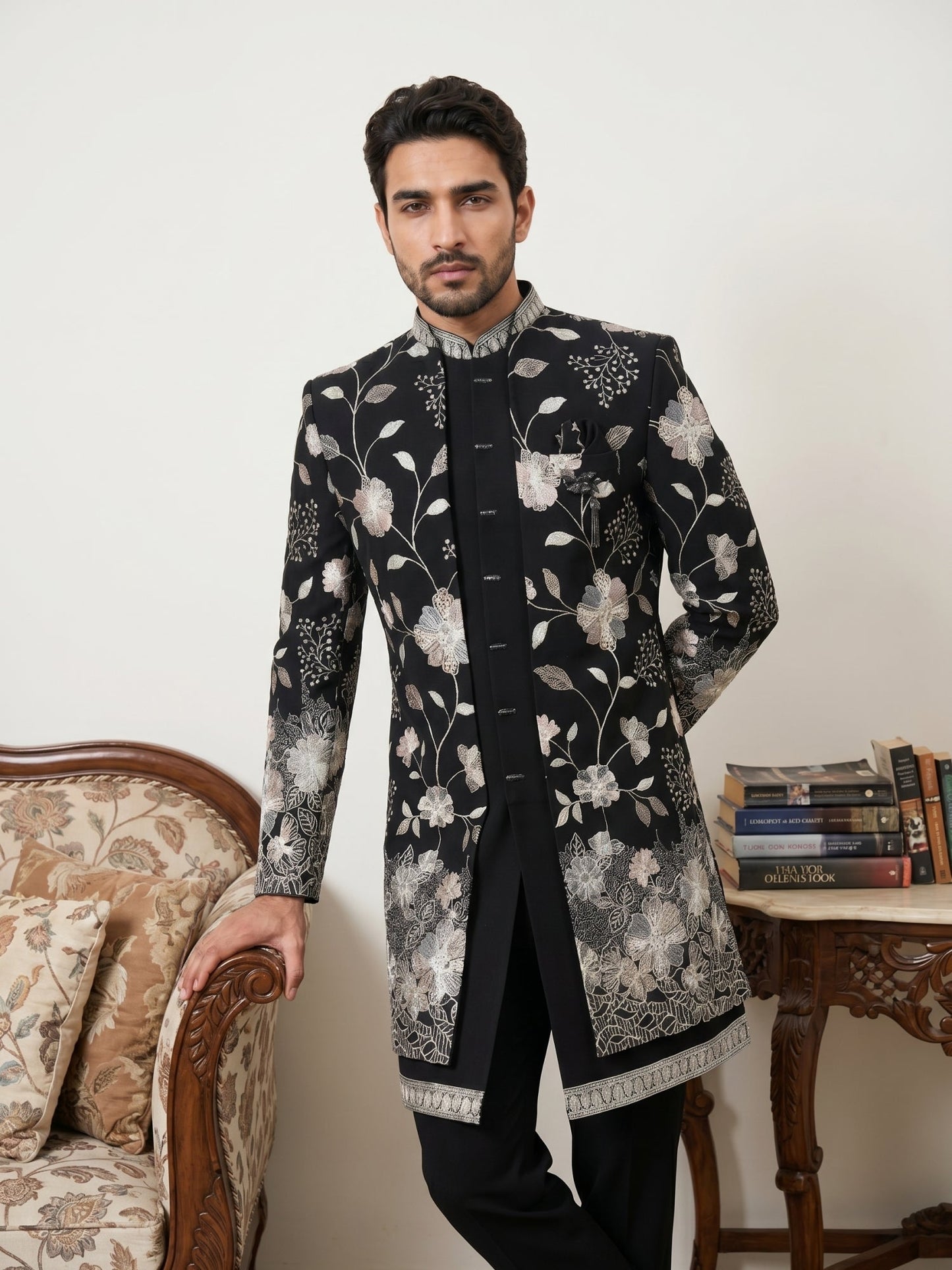 Men Imported Japanese Fabric Embroidered Indo-Western Set ( 50JIND 190Black )