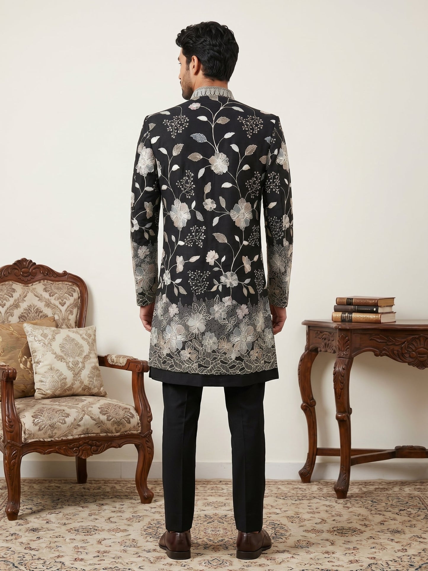Men Imported Japanese Fabric Embroidered Indo-Western Set ( 50JIND 190Black )