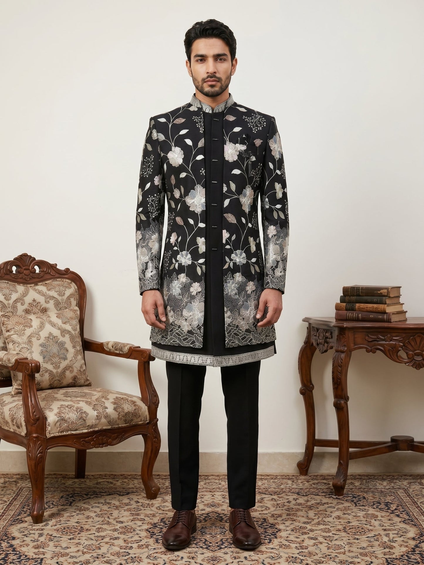 Men Imported Japanese Fabric Embroidered Indo-Western Set ( 50JIND 190Black )