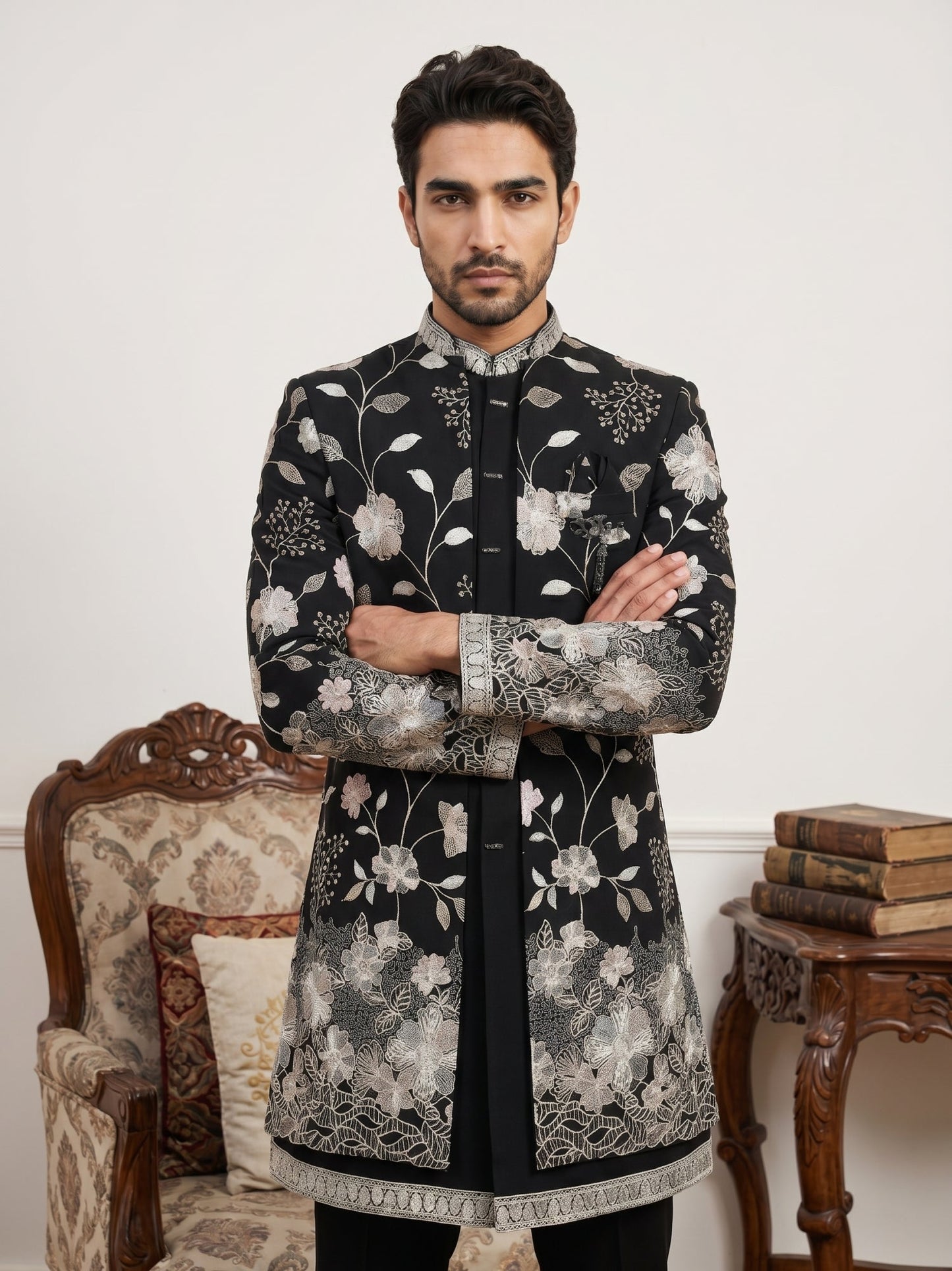 Men Imported Japanese Fabric Embroidered Indo-Western Set ( 50JIND 190Black )