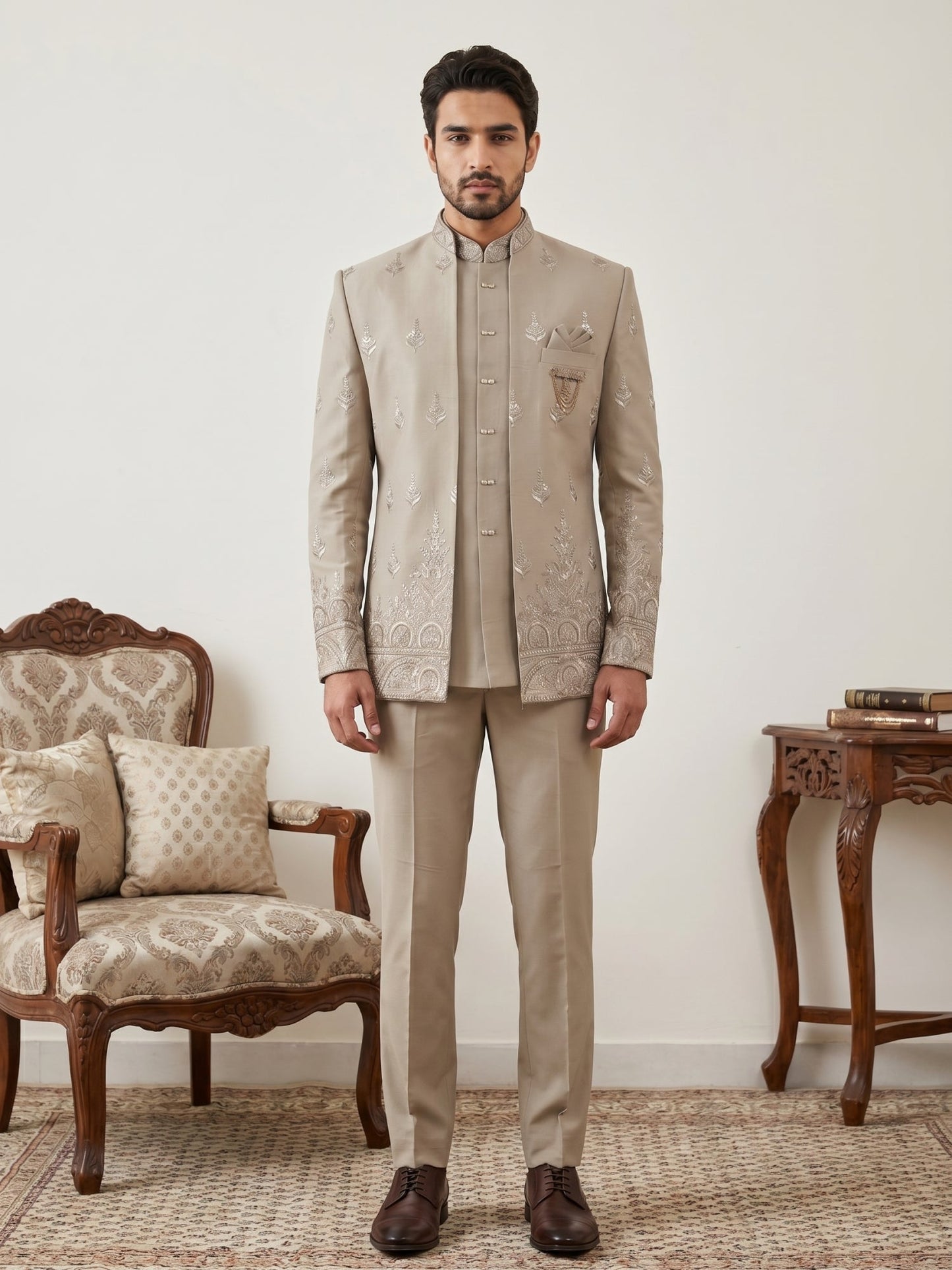 Beige Embroidered Indo-Western Set ( 50JIND 191Beige )