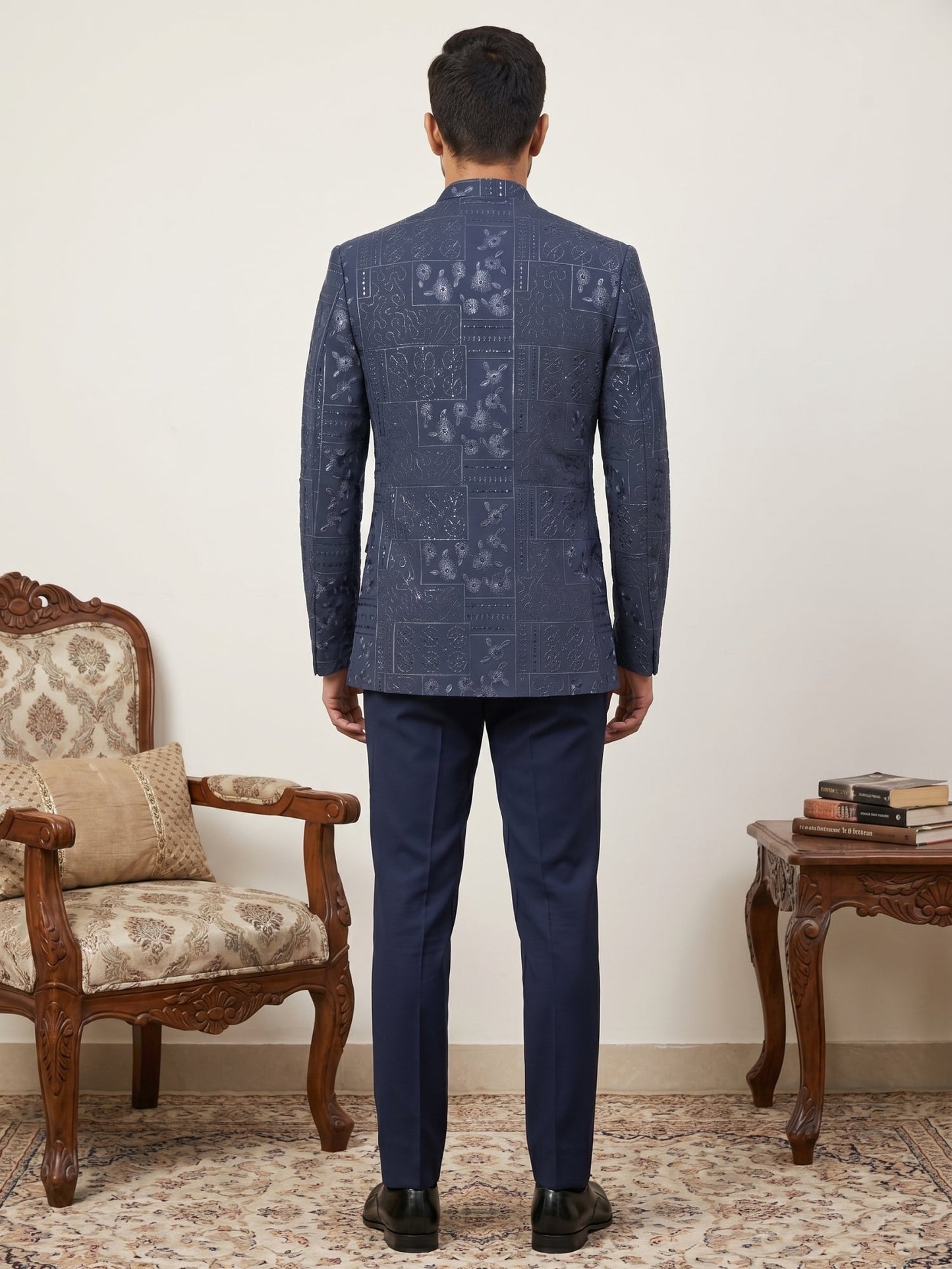 Men's Japanese Fabric Embroidered Indo-Western Set ( 50JIND 192Navy )