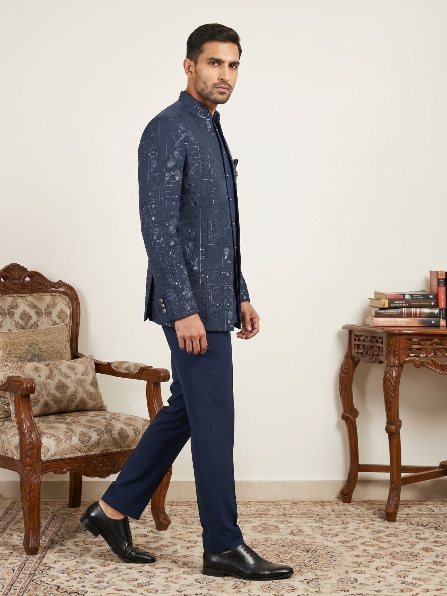 Men's Japanese Fabric Embroidered Indo-Western Set ( 50JIND 192Navy )