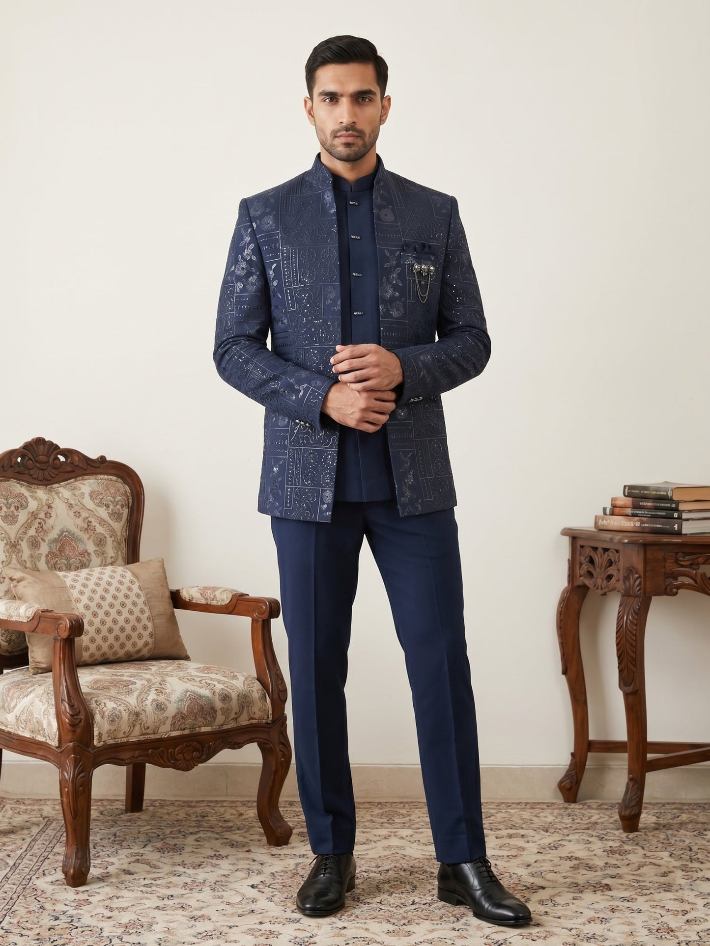 Men's Japanese Fabric Embroidered Indo-Western Set ( 50JIND 192Navy )