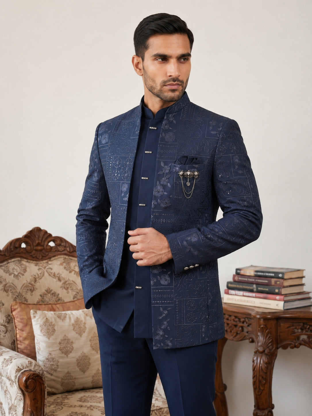 Men's Japanese Fabric Embroidered Indo-Western Set ( 50JIND 192Navy )