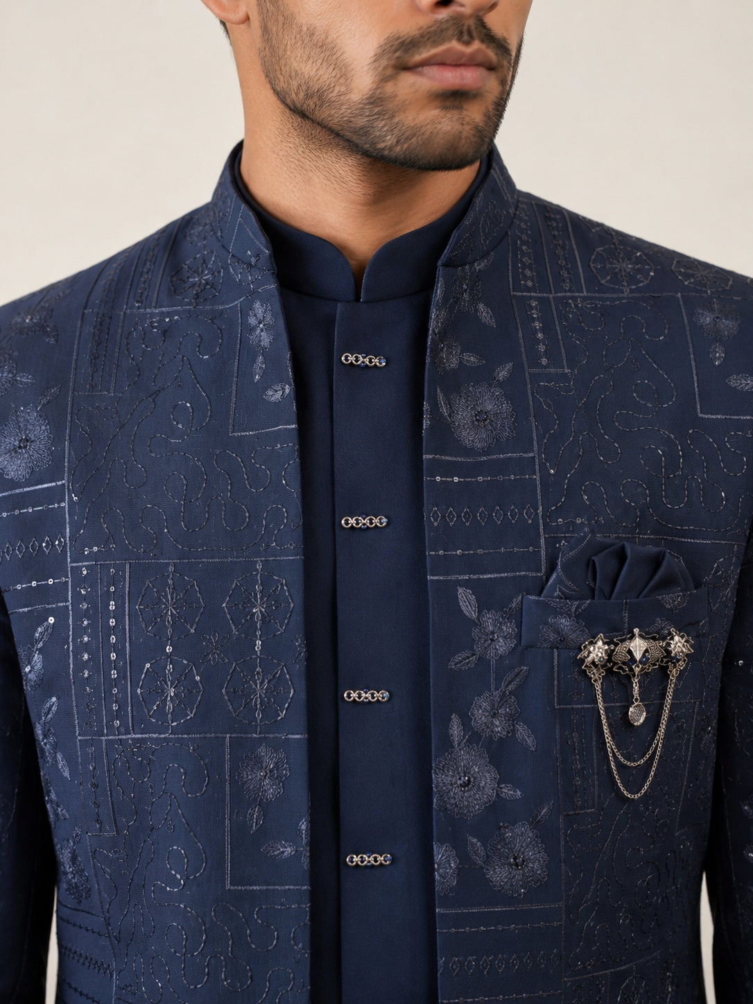 Men's Japanese Fabric Embroidered Indo-Western Set ( 50JIND 192Navy )