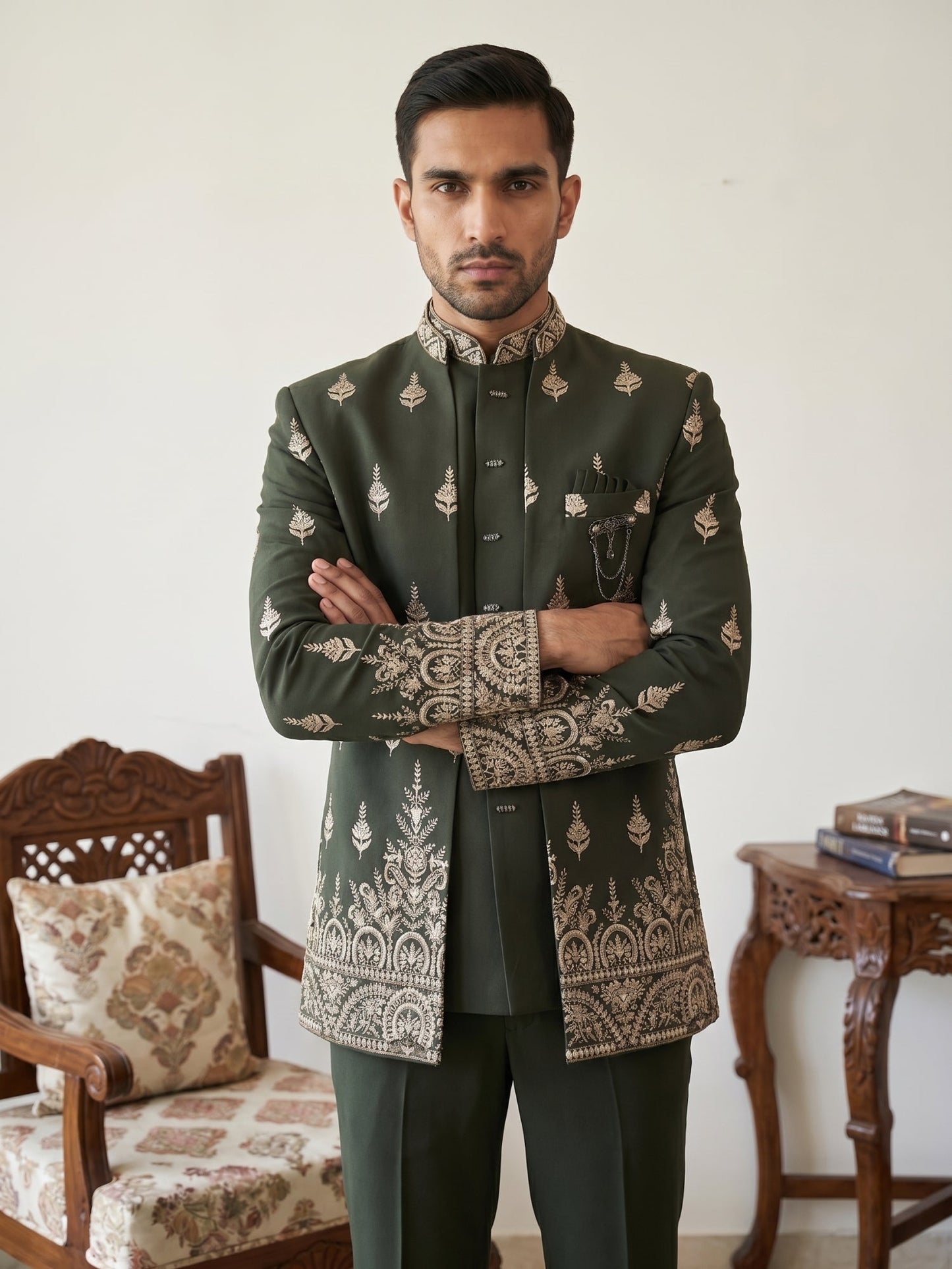 Men Japanese Fabric Embroidered Indo-Western Set ( 50JIND 193Mehndi )