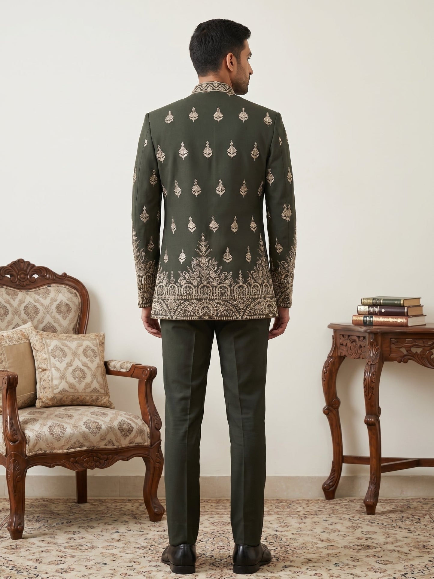 Men Japanese Fabric Embroidered Indo-Western Set ( 50JIND 193Mehndi )