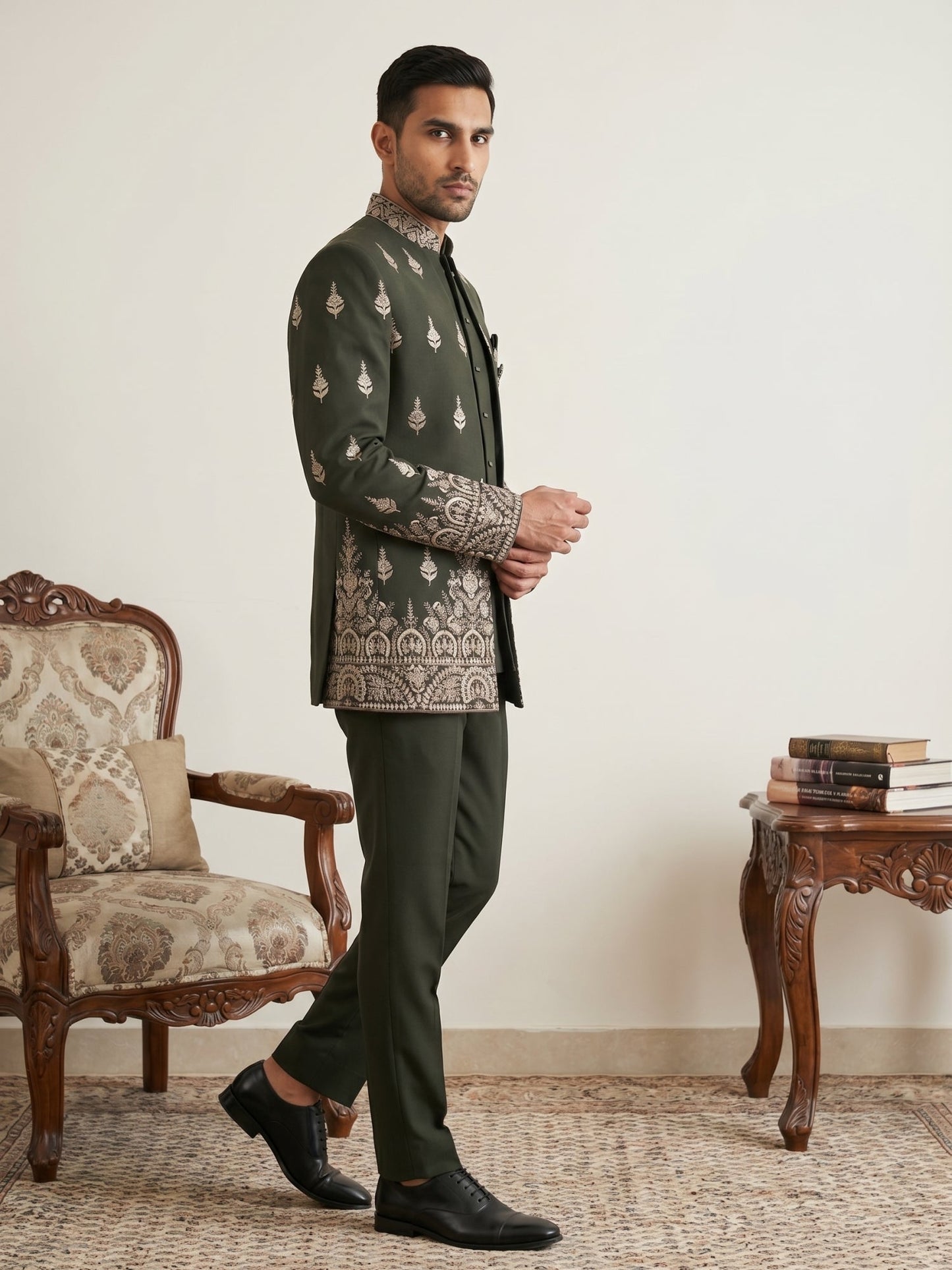 Men Japanese Fabric Embroidered Indo-Western Set ( 50JIND 193Mehndi )