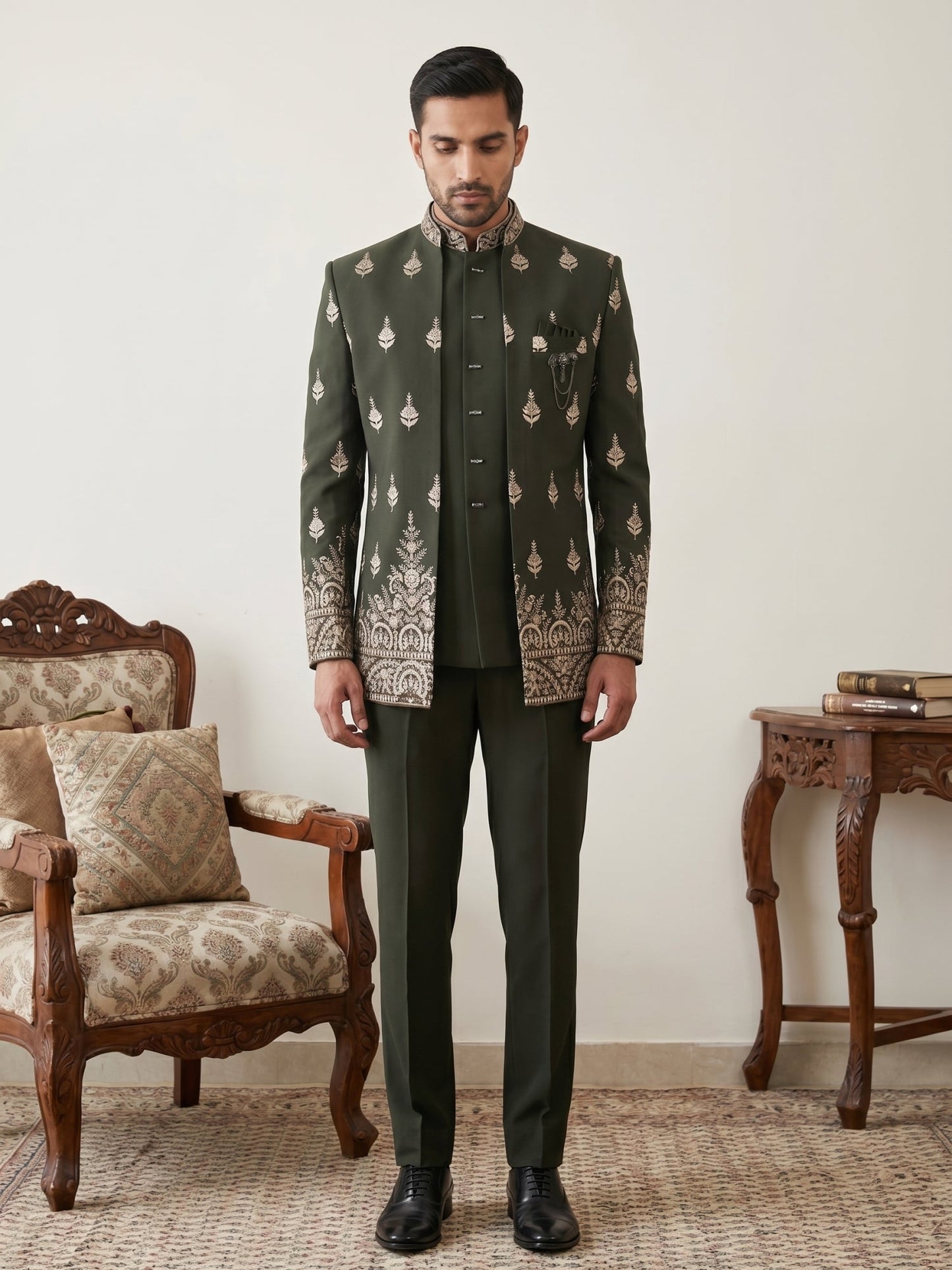 Men Japanese Fabric Embroidered Indo-Western Set ( 50JIND 193Mehndi )