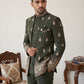 Men Japanese Fabric Embroidered Indo-Western Set ( 50JIND 193Mehndi )