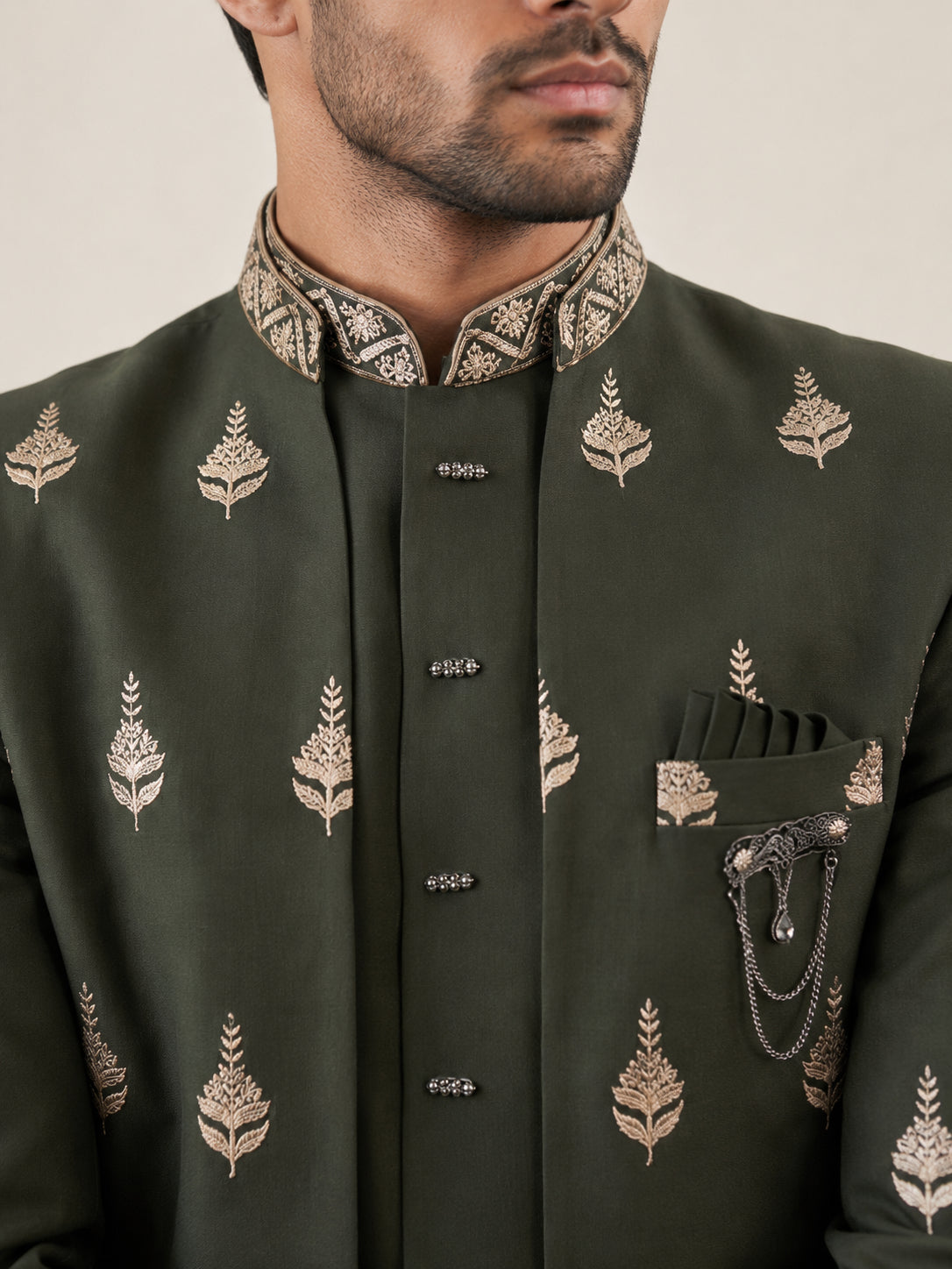 Men Japanese Fabric Embroidered Indo-Western Set ( 50JIND 193Mehndi )