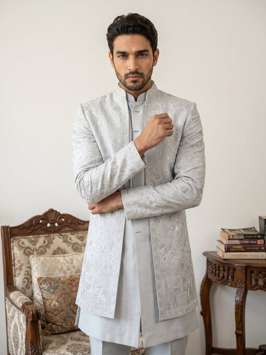 Silk Blend Embroidered Indo-Western Set ( 50JIND 196Blue )