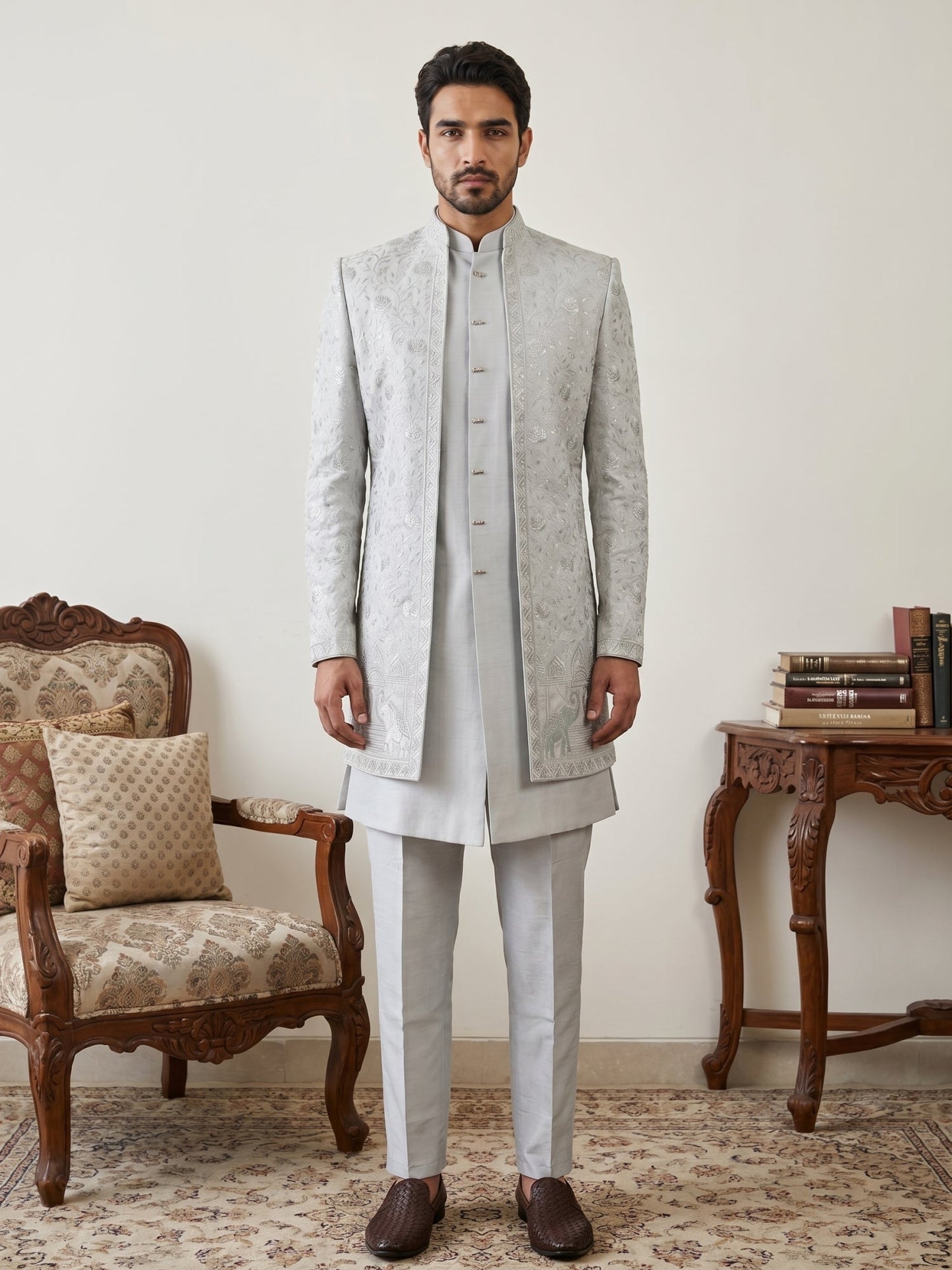 Silk Blend Embroidered Indo-Western Set ( 50JIND 196Blue )