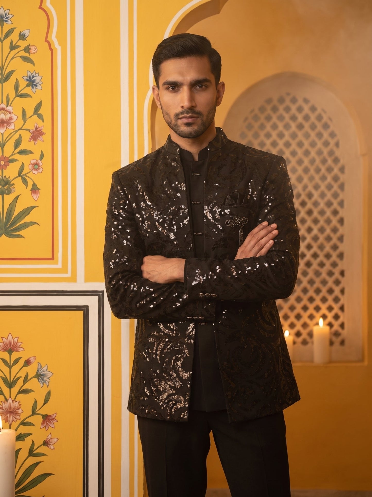 Men Black Sequinned Indo-Western Set ( 50JIND 197Black )