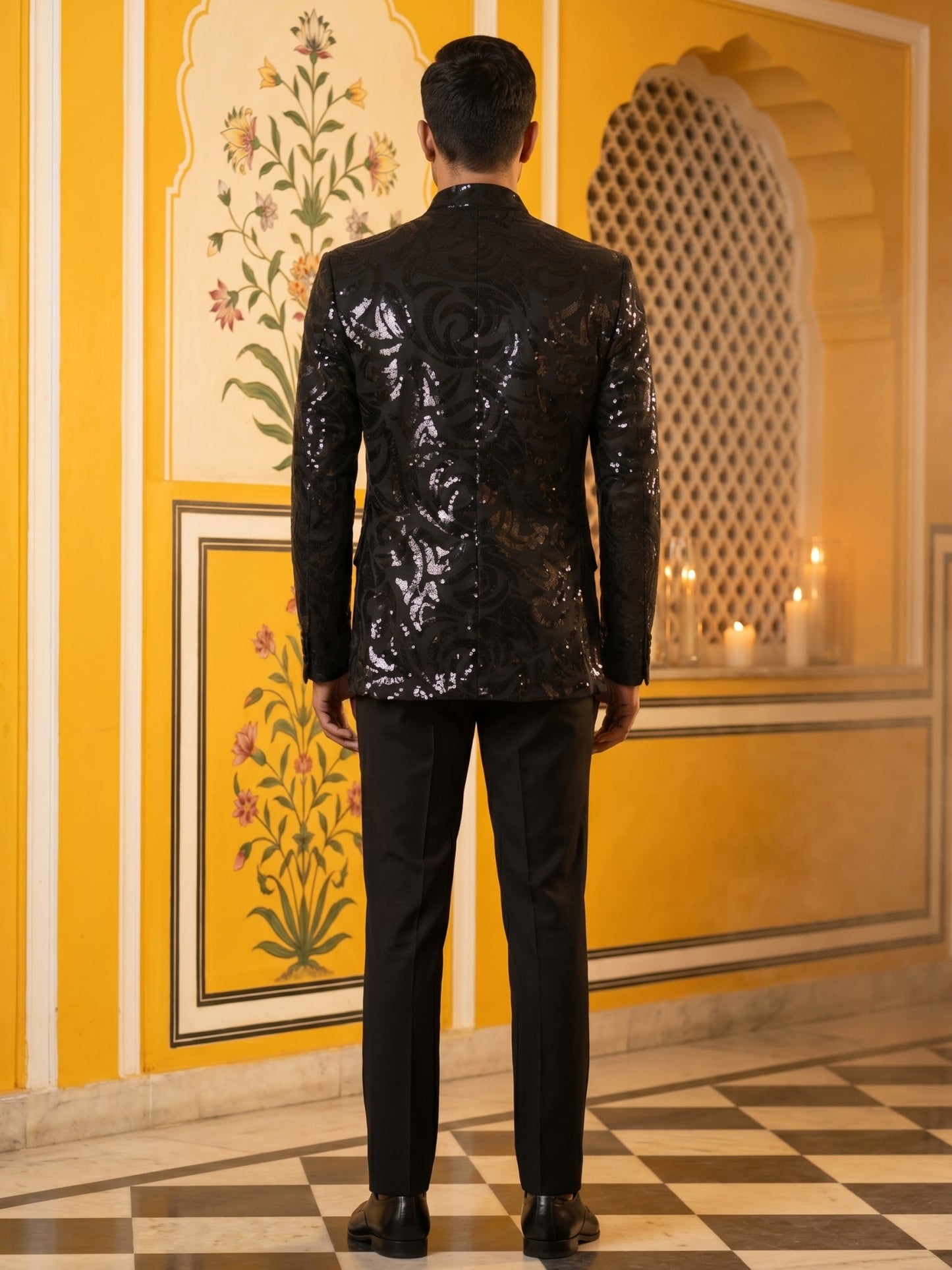 Men Black Sequinned Indo-Western Set ( 50JIND 197Black )