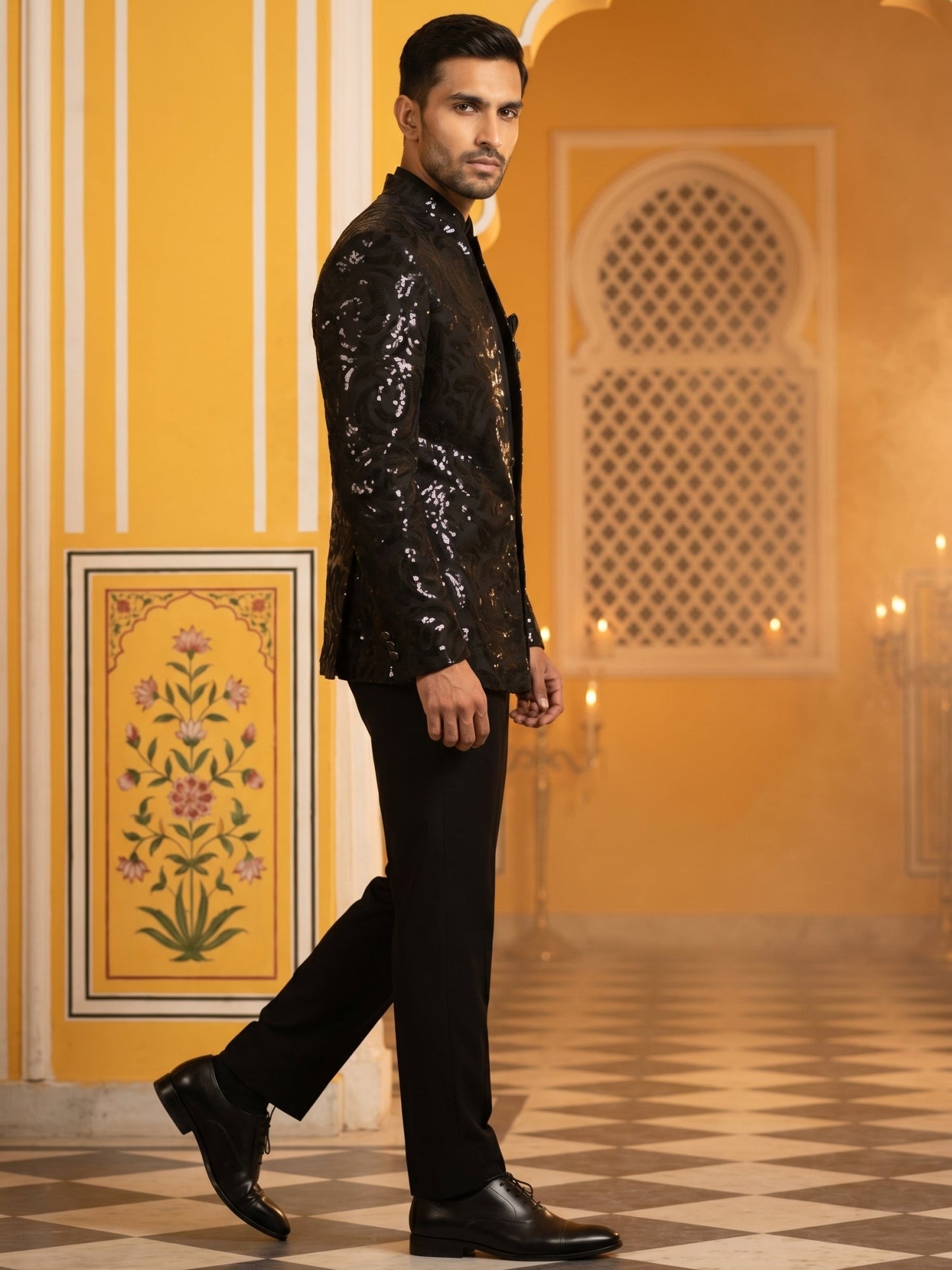 Men Black Sequinned Indo-Western Set ( 50JIND 197Black )