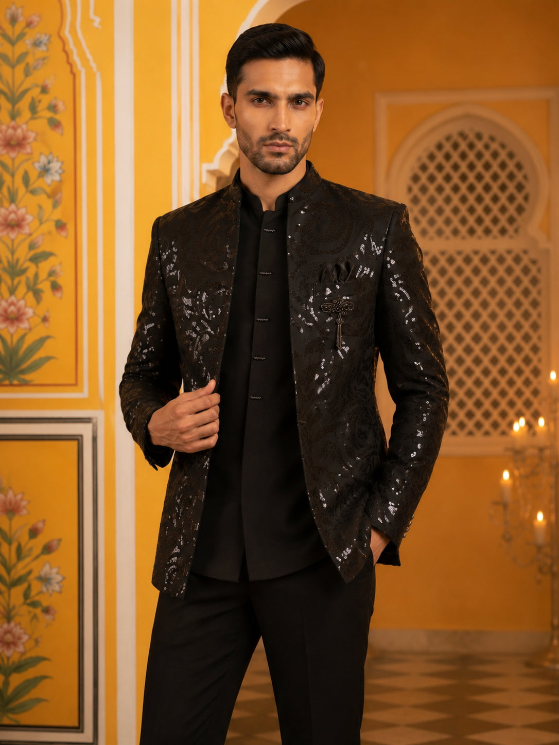 Men Black Sequinned Indo-Western Set ( 50JIND 197Black )