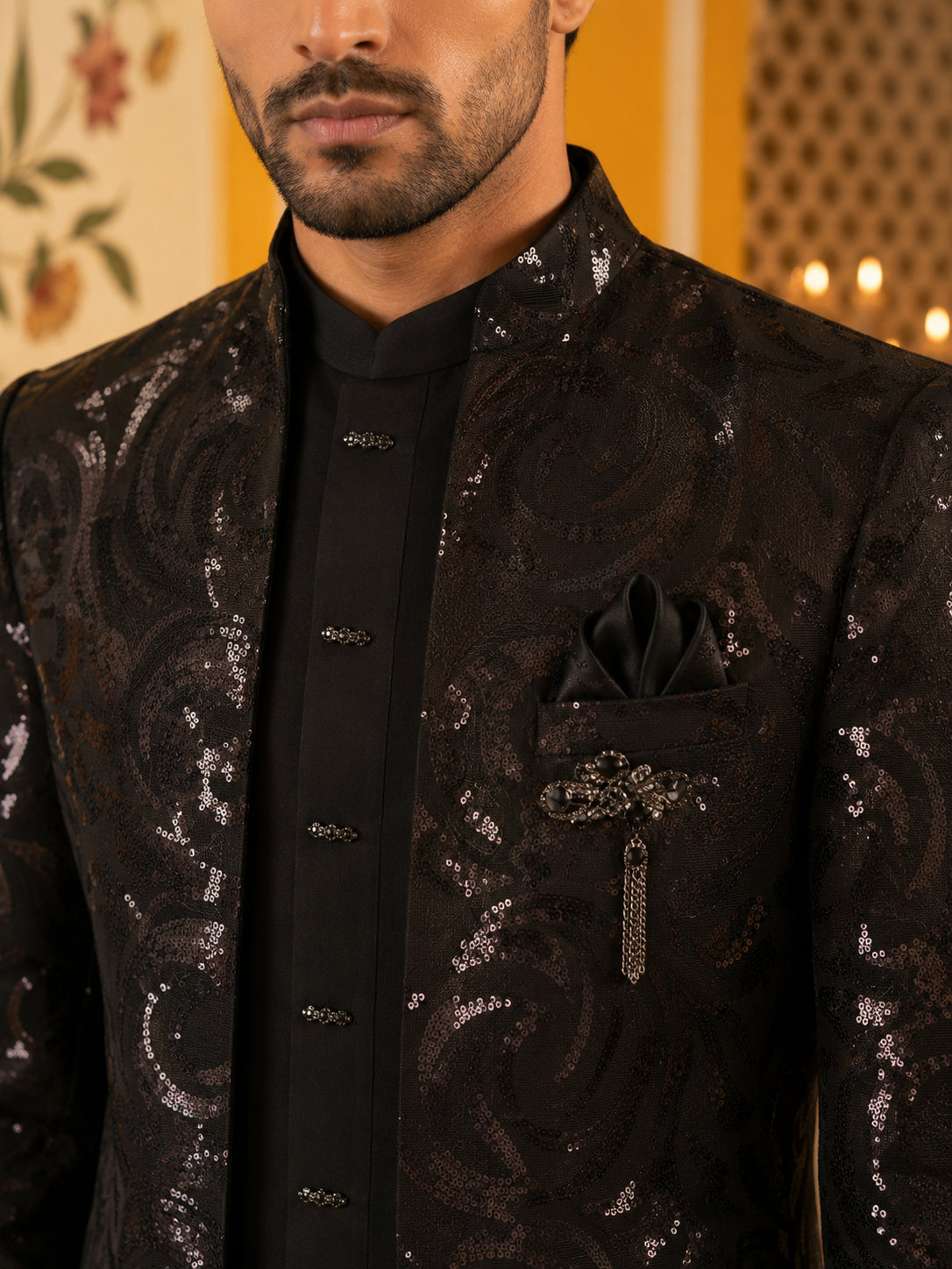 Men Black Sequinned Indo-Western Set ( 50JIND 197Black )