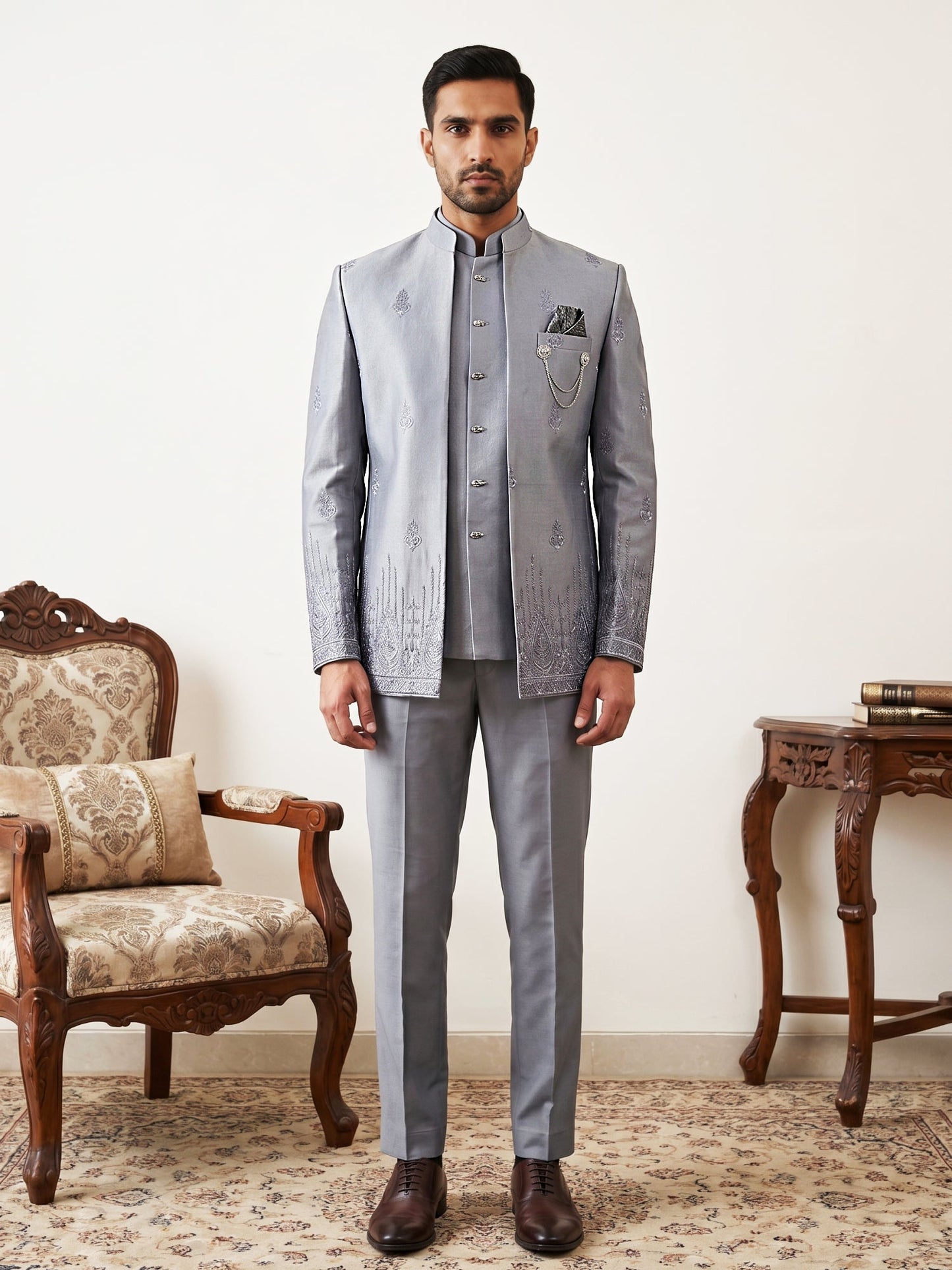 Men Embroidered Silk Blend Indo-Western Set
