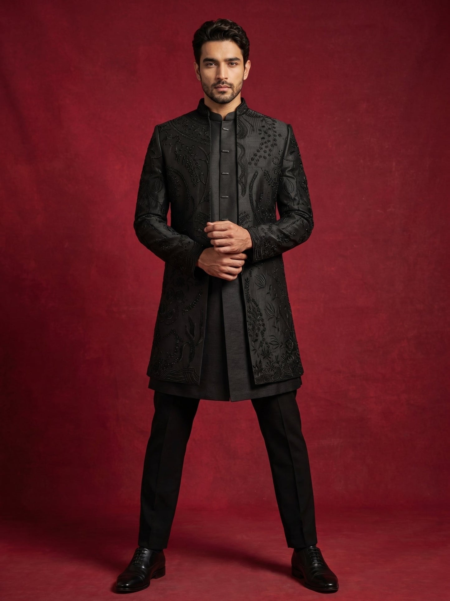 Cotton Blend Embroidered Indo-Western Set for Men